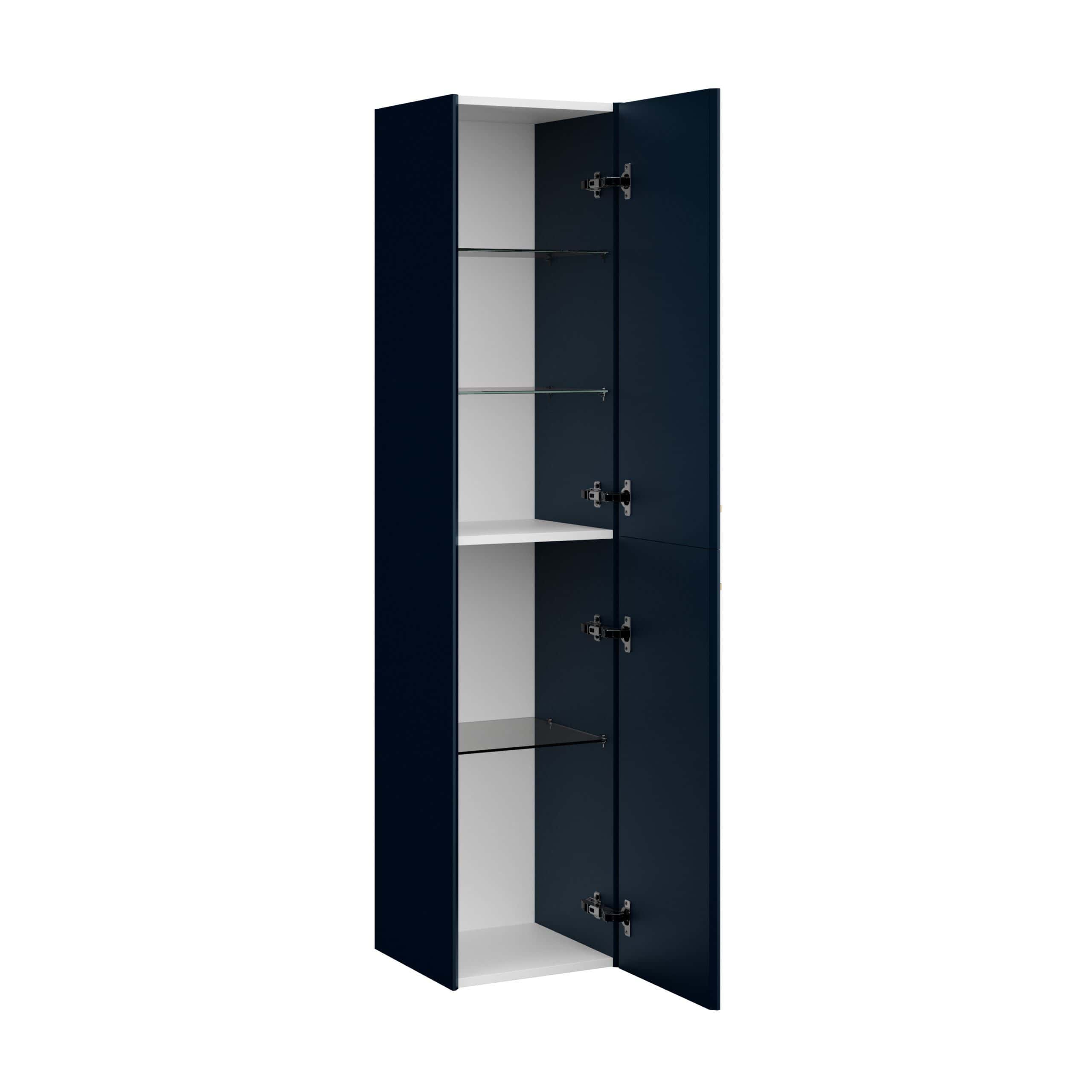 Spacious navy blue bathroom storage cabinet with adjustable glass shelves and interior space for toiletries and towels, ideal for modern bathroom organisation.