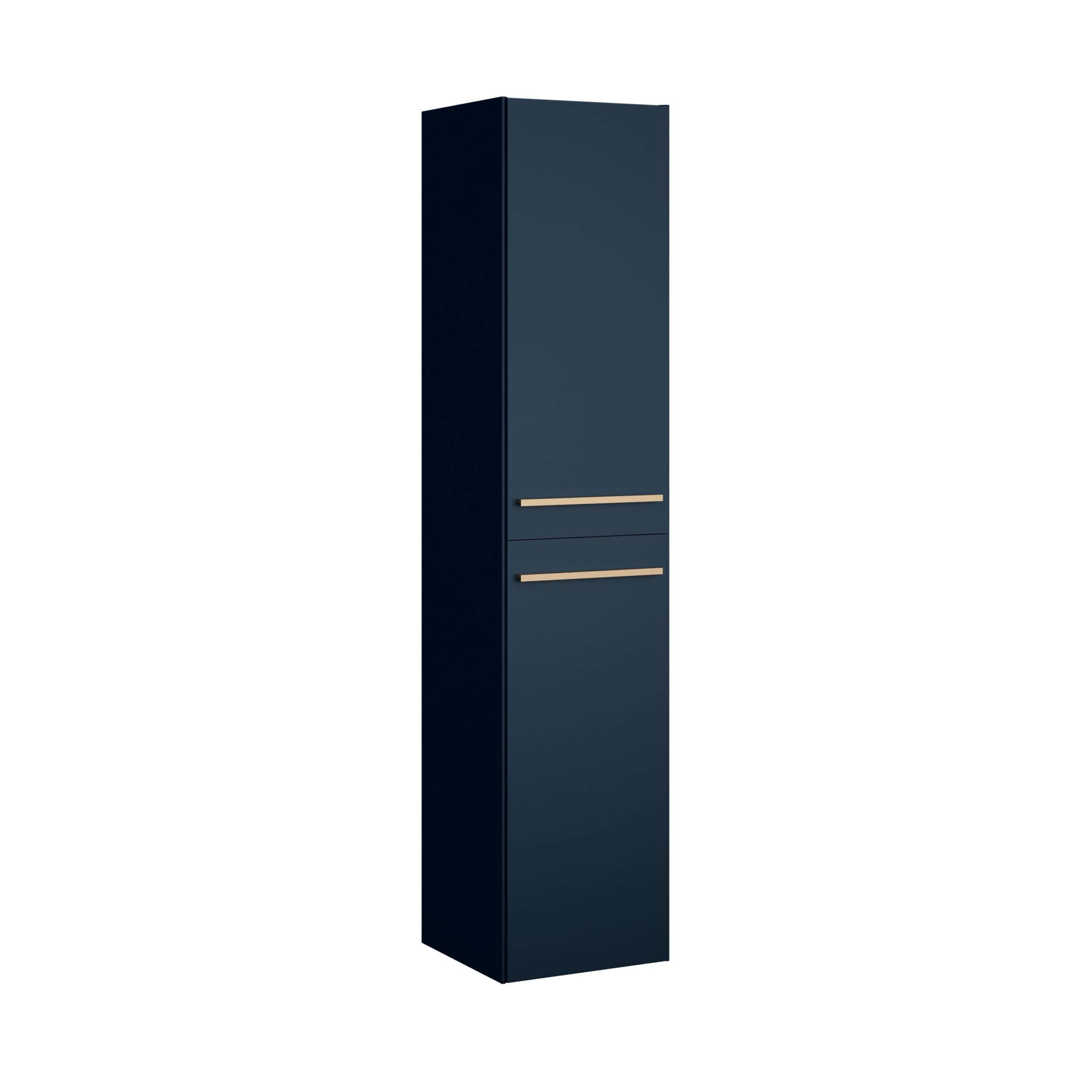 Sleek navy-blue bathroom storage cabinet with modern gold handles, ideal for organising bathroom essentials in stylish interiors. Perfect for enhancing contemporary bathroom décor.
