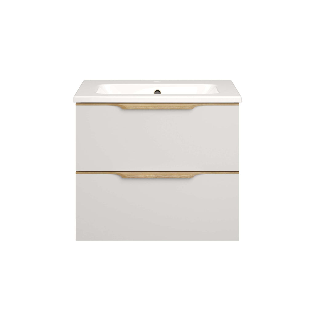 Sleek white bathroom vanity with integrated sink and natural wood accents, designed for modern bathroom spaces.