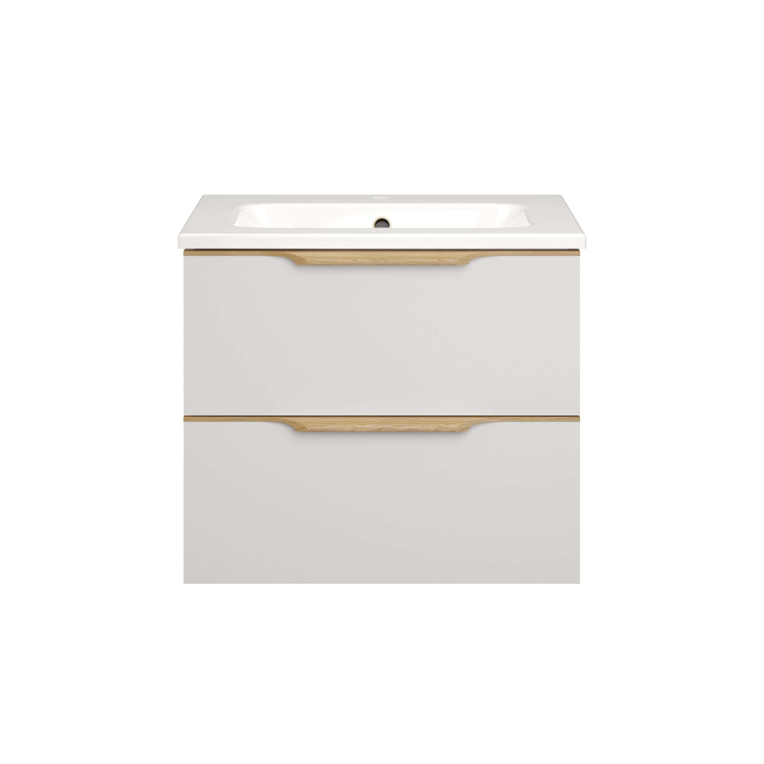 Sleek white bathroom vanity with integrated sink and natural wood accents, designed for modern bathroom spaces.