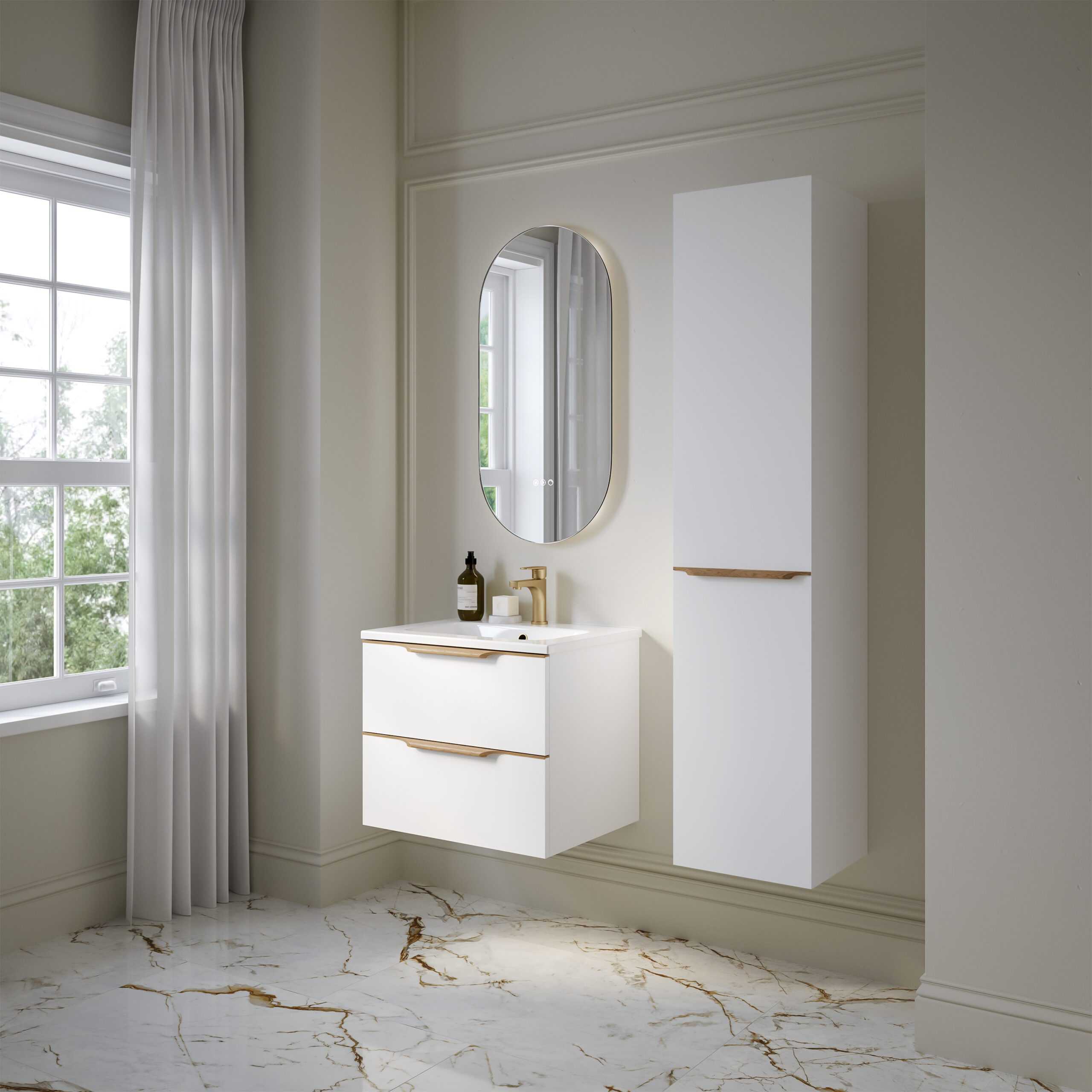 Sleek white bathroom vanity unit with gold handles, modern oval mirror, and tall white storage cabinet, set against soft neutral walls and marble flooring, creating a stylish and functional bathroom space.