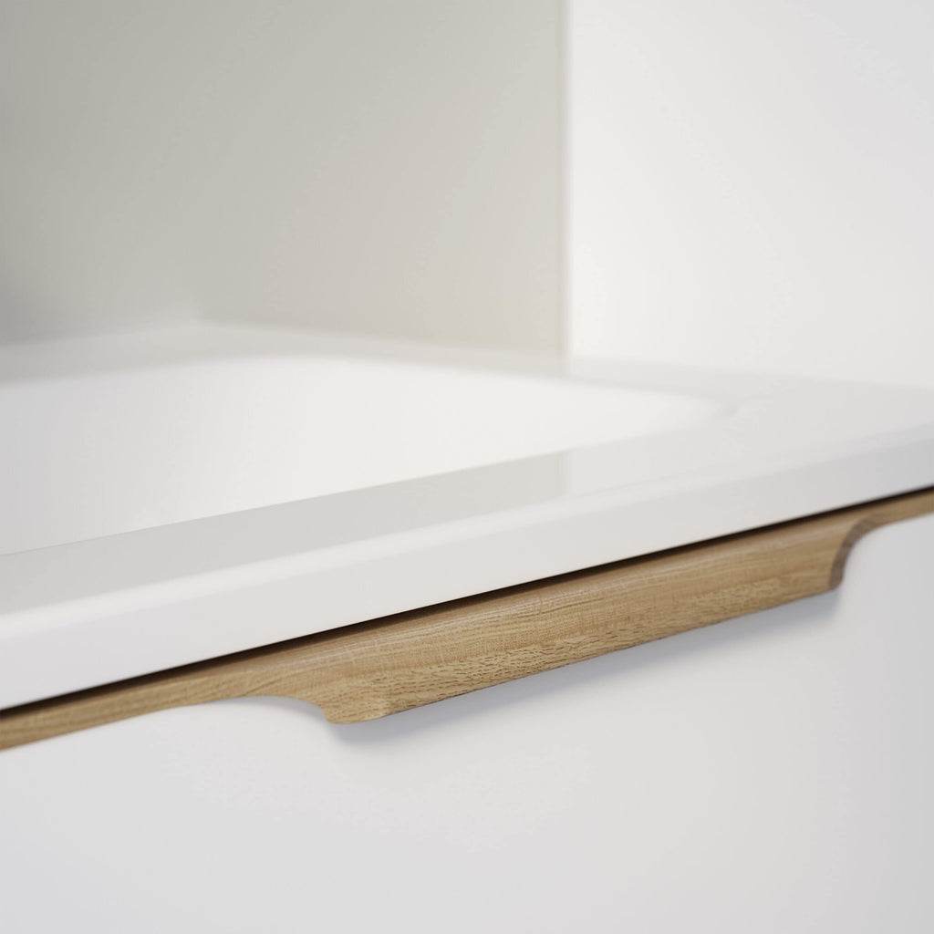 Sleek white bathroom vanity with natural wooden accents, modern minimalist design, durable surface, and elegant finish, perfect for contemporary bathroom interiors.