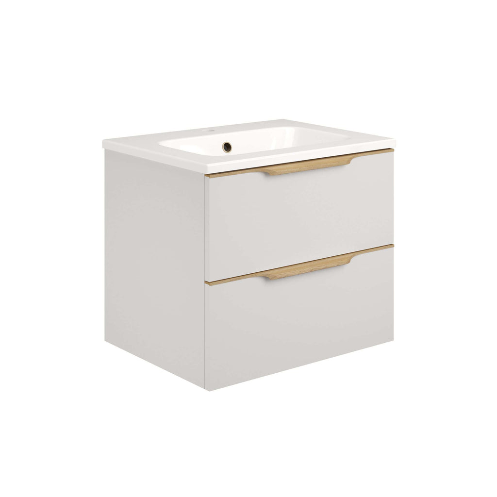 Modern white bathroom vanity with integrated sink and natural wood accents, ideal for contemporary bathroom remodels. Features spacious drawers for efficient storage and sleek design.