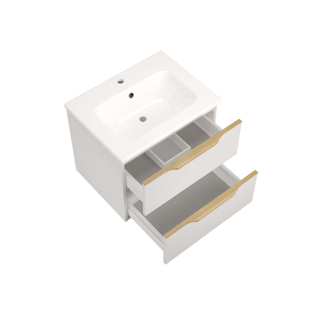 Modern white bathroom vanity unit with integrated sink, wooden handles, and spacious drawers for bathroom storage and organisation. Perfect for contemporary bathroom designs.