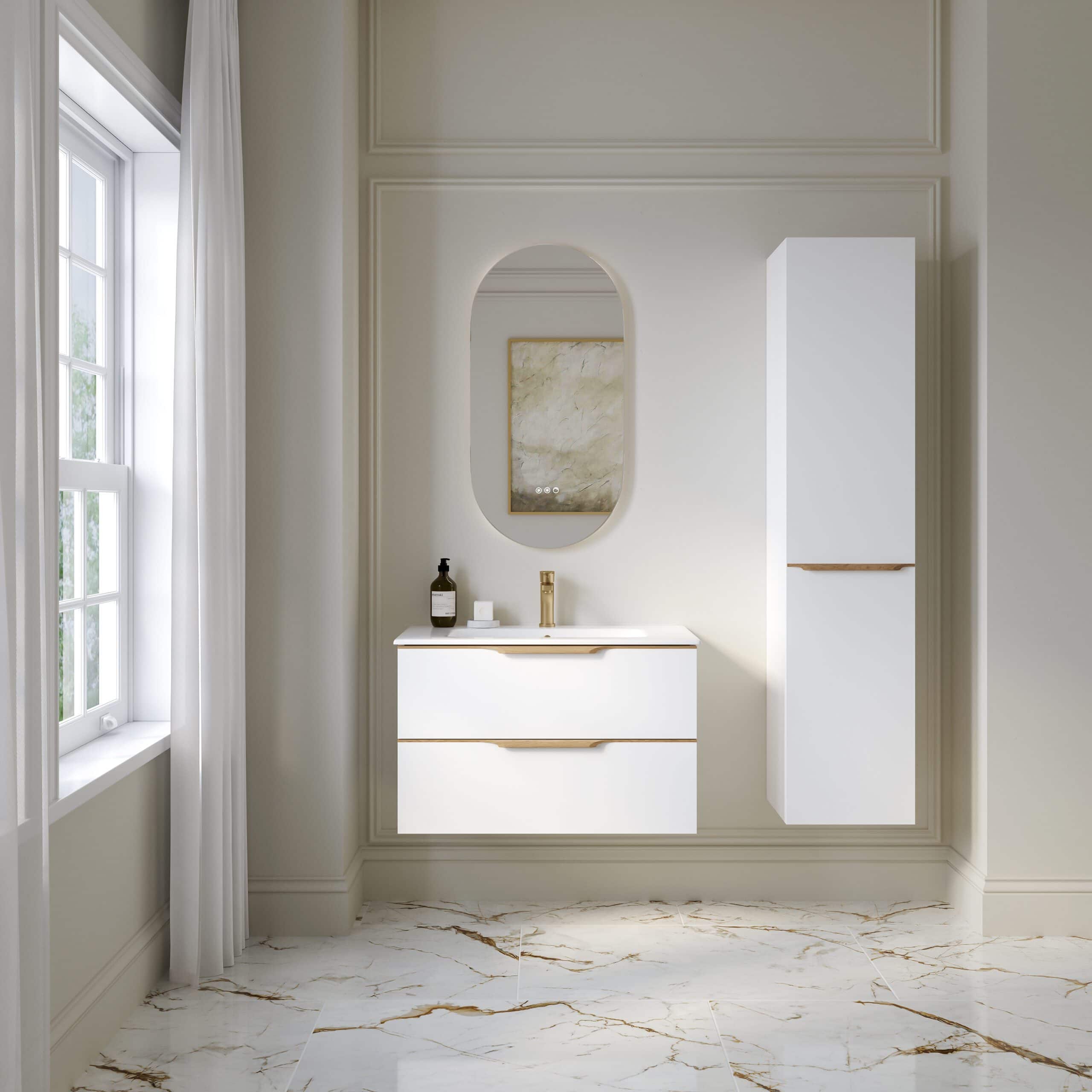 Elegant modern bathroom with white vanity unit and sleek mirror, featuring marble flooring and natural light, perfect for luxurious Bubly Bathrooms interior design.