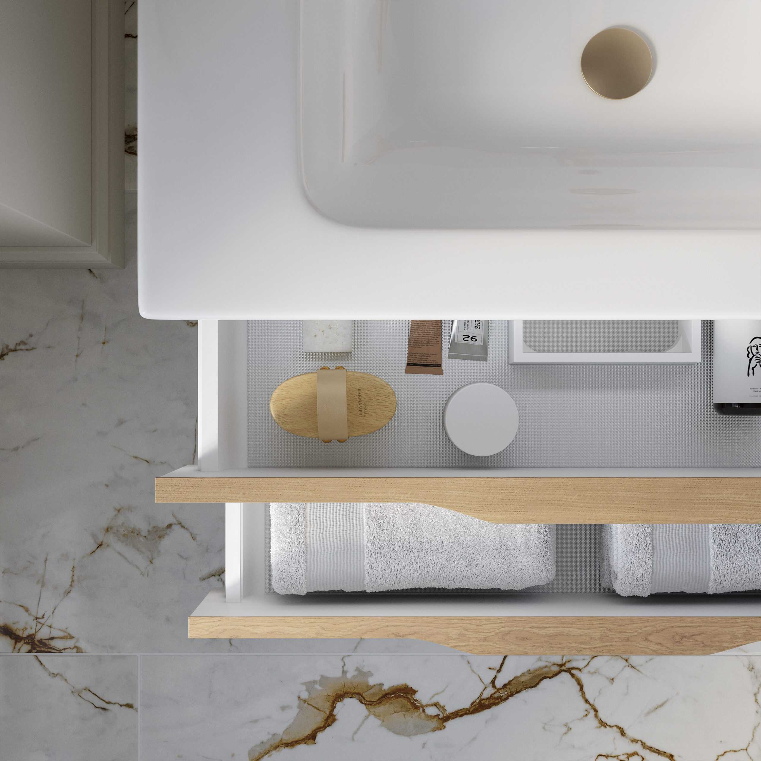 Minimalist bathroom storage drawer with neatly arranged toiletries, towels, and skincare products, showcasing modern design and efficient organisation for a clean bathroom aesthetic.