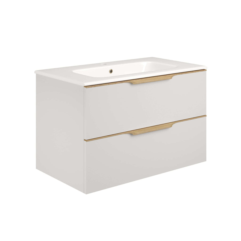 Modern white bathroom vanity unit with integrated sink and wooden accents, ideal for contemporary bathroom designs. Features spacious drawers for efficient storage and sleek aesthetic appeal.