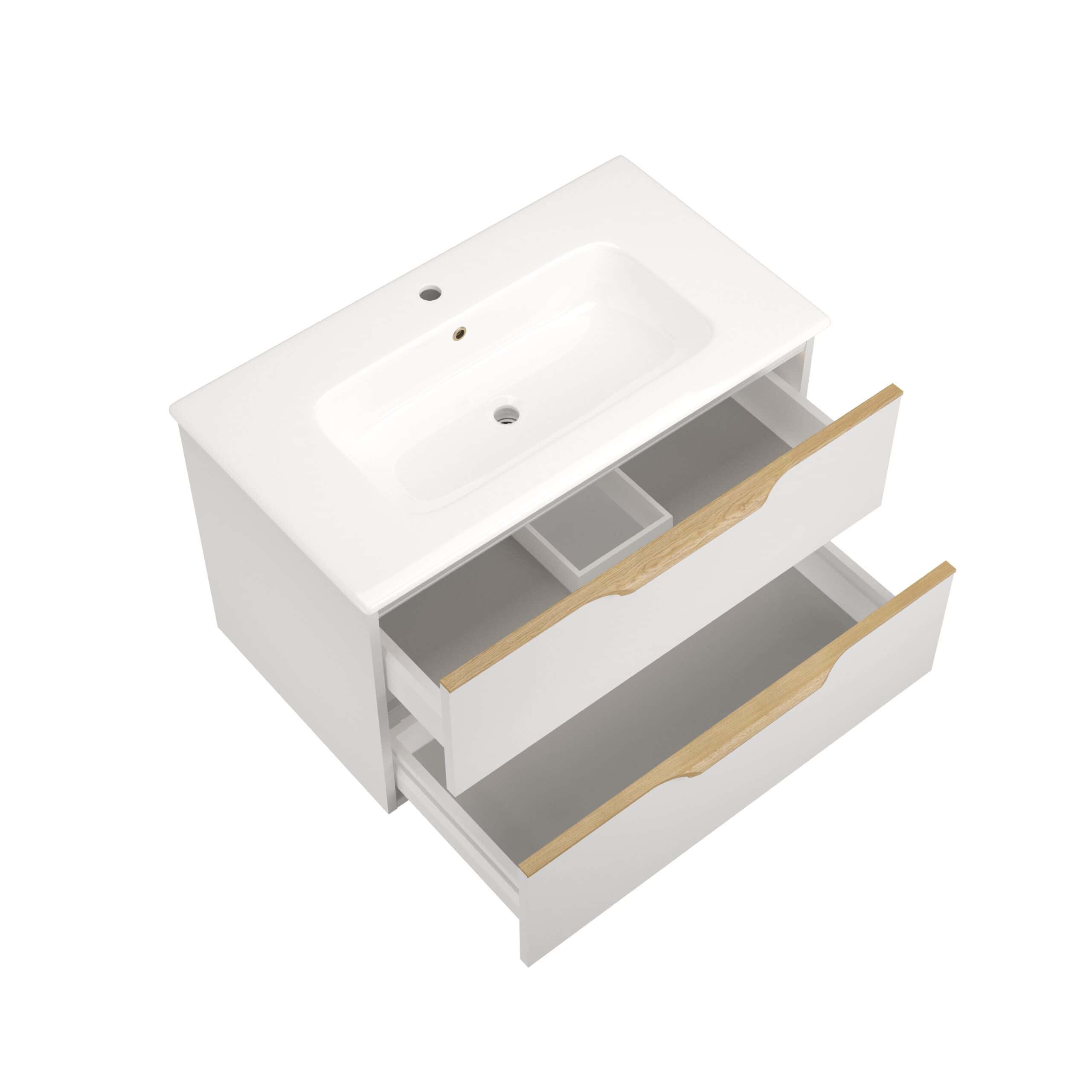 Sleek white bathroom vanity with integrated basin, featuring two spacious drawers with wooden handles and an organised internal storage compartment, perfect for modern bathroom decor.