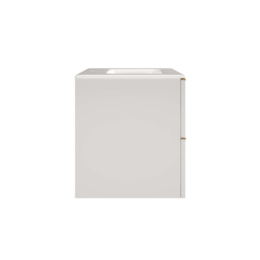 Minimalist white bathroom vanity unit with integrated sink for modern bathroom design. Compact storage solution with sleek finish, ideal for contemporary bathrooms.