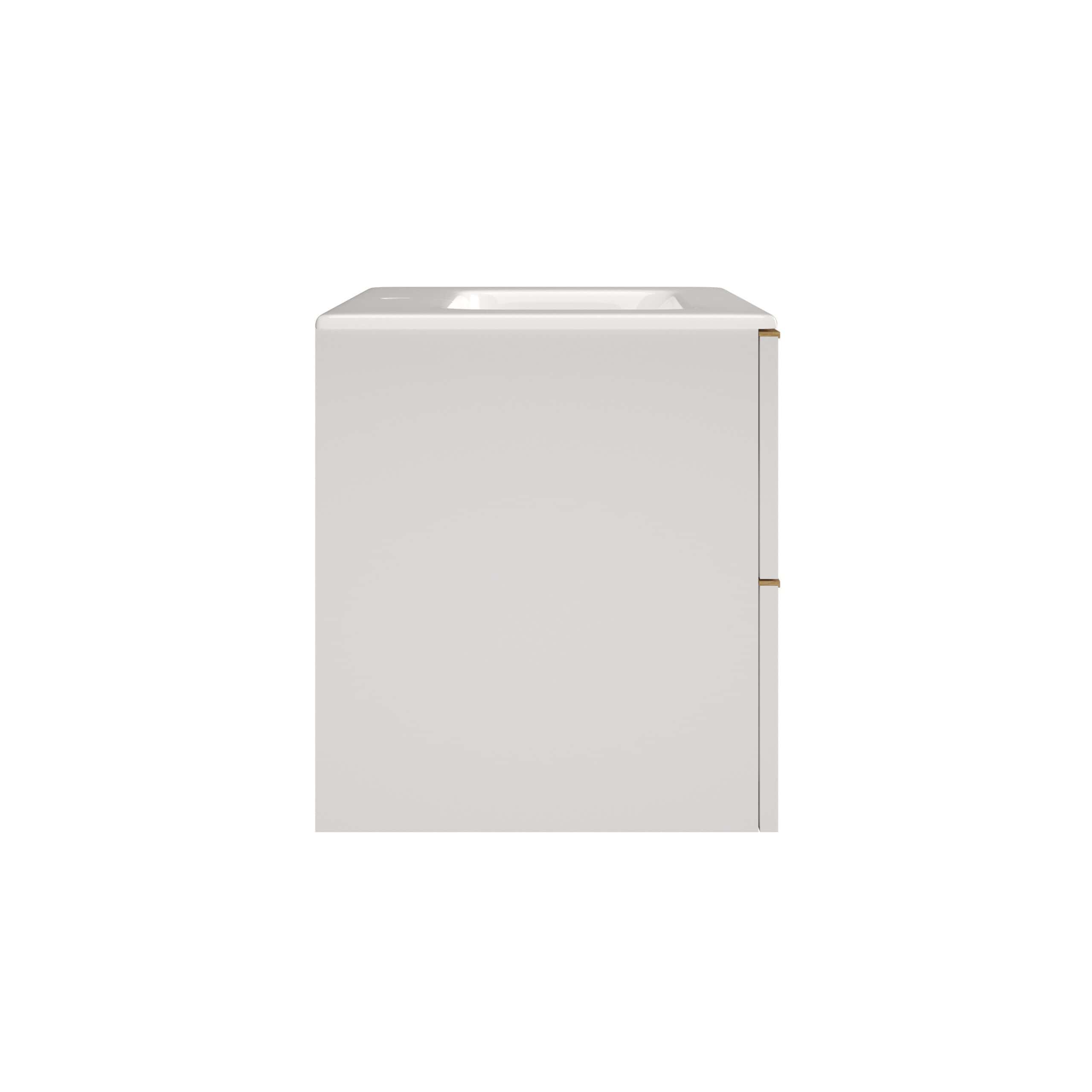 Minimalist white bathroom vanity unit with integrated sink for modern bathroom design. Compact storage solution with sleek finish, ideal for contemporary bathrooms.