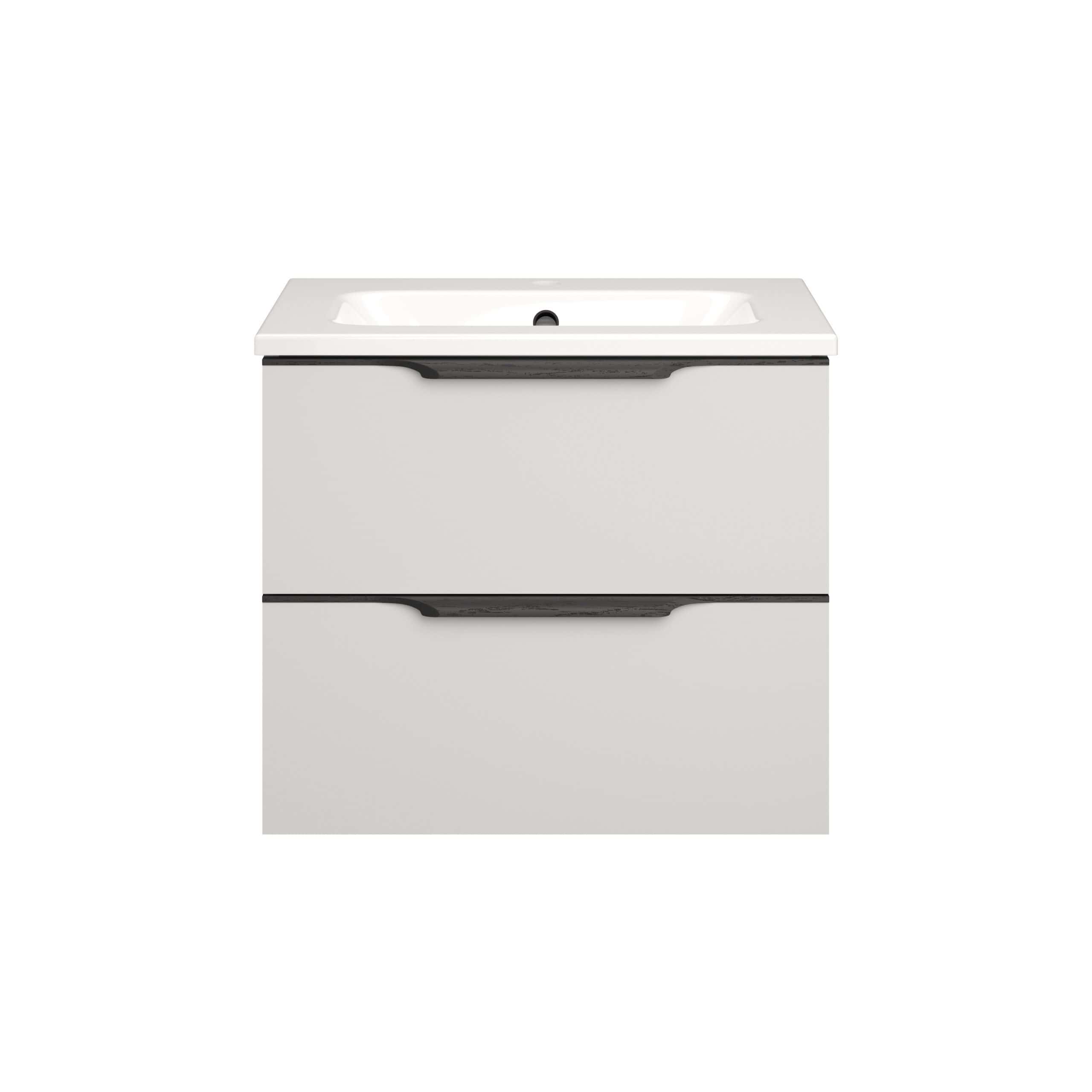 Modern white bathroom vanity with integrated sink and sleek black handles, ideal for contemporary bathroom interiors. High-quality cabinetry providing practical storage solutions and elegant design.