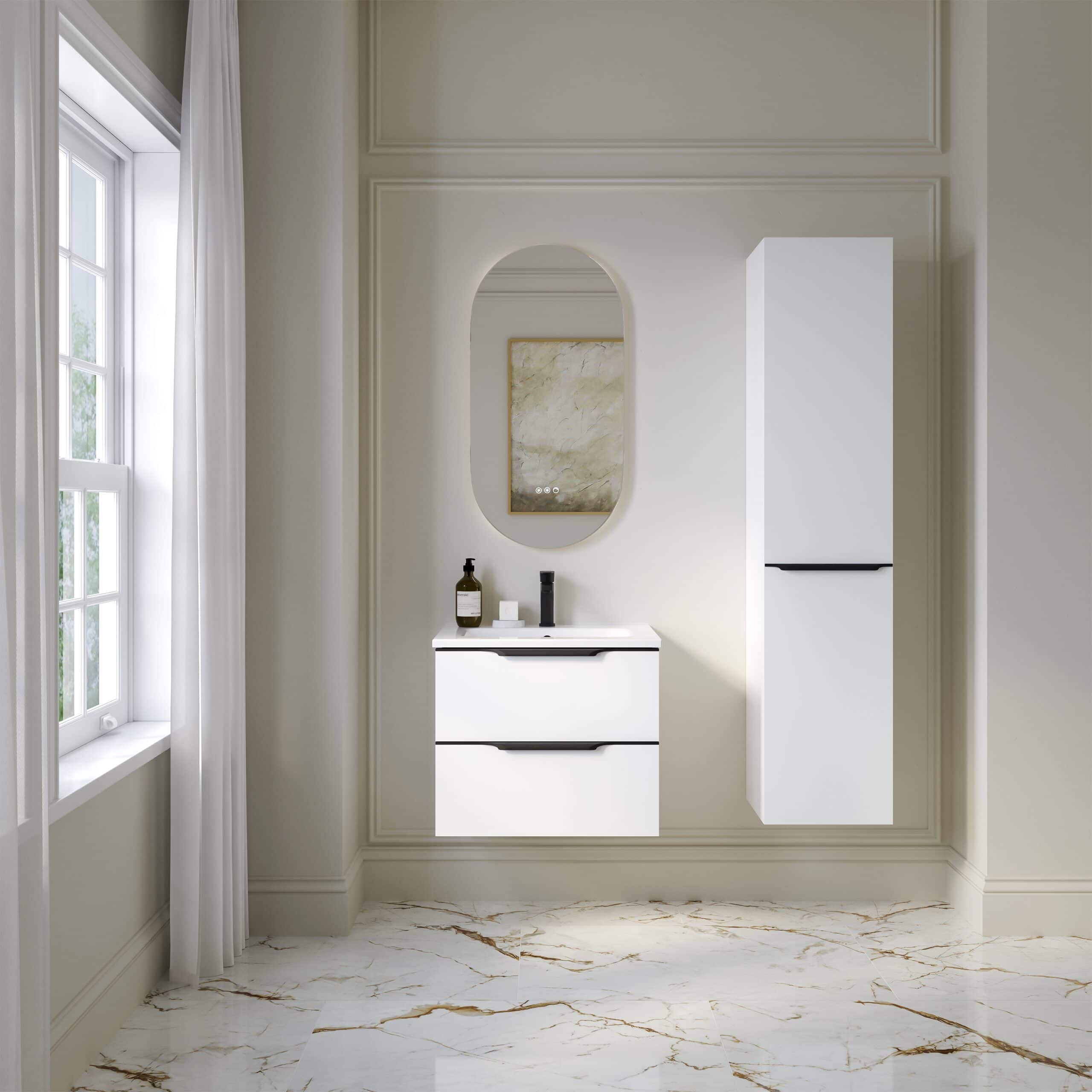 Minimalist white bathroom vanity with integrated sink, modern black handles, and sleek wall-mounted cabinet, set against elegant cream decor with marble flooring, brightened by natural light.