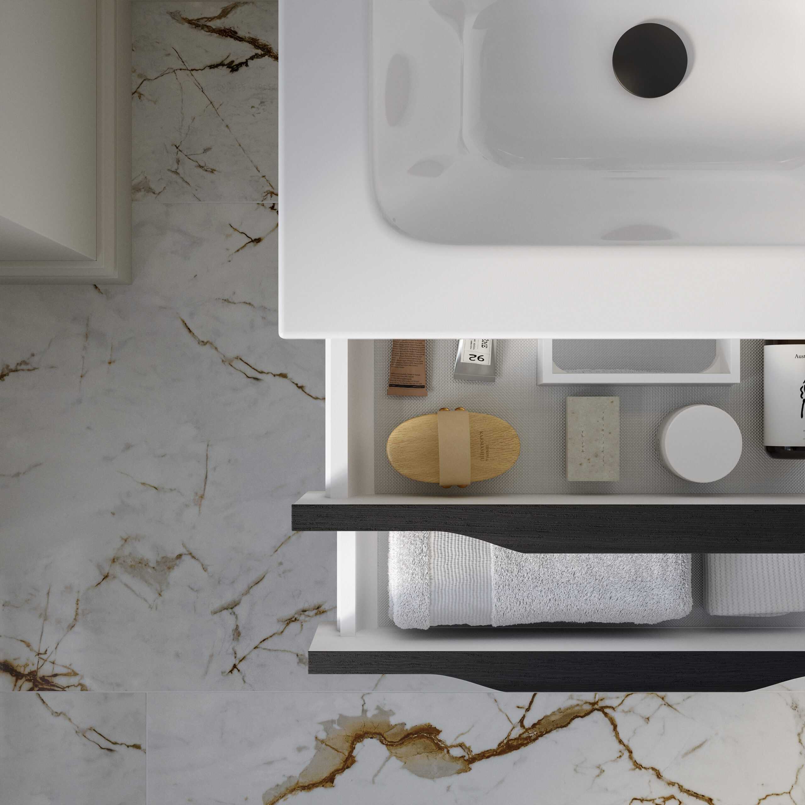 Pressed Marble Effect Bathroom Floor in White and Gold with Wooden Vanity Drawer Interior, partially open showing toiletries storage, top view.