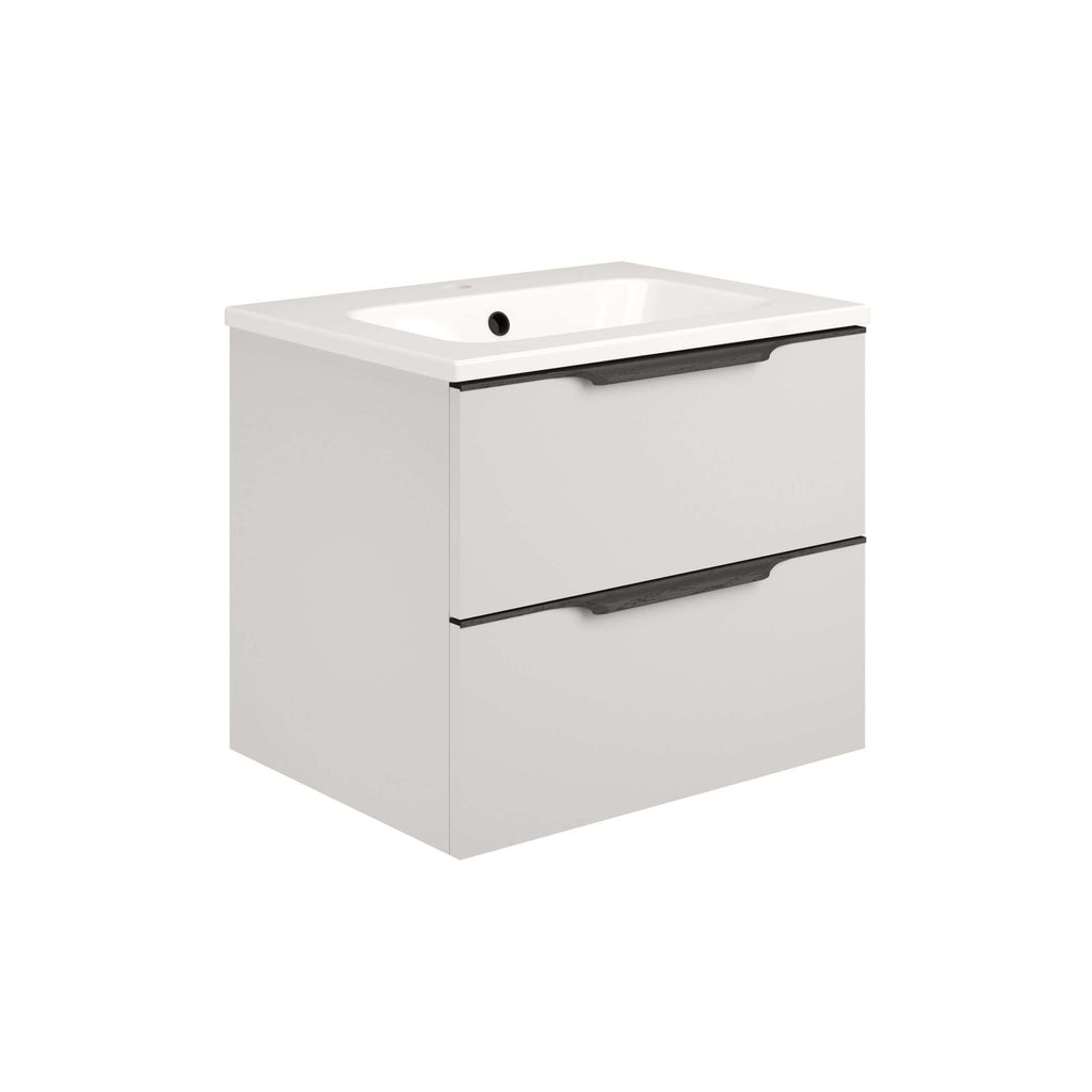 Modern white bathroom vanity unit with integrated sink, sleek black handles, and storage drawers, perfect for contemporary bathroom renovations.