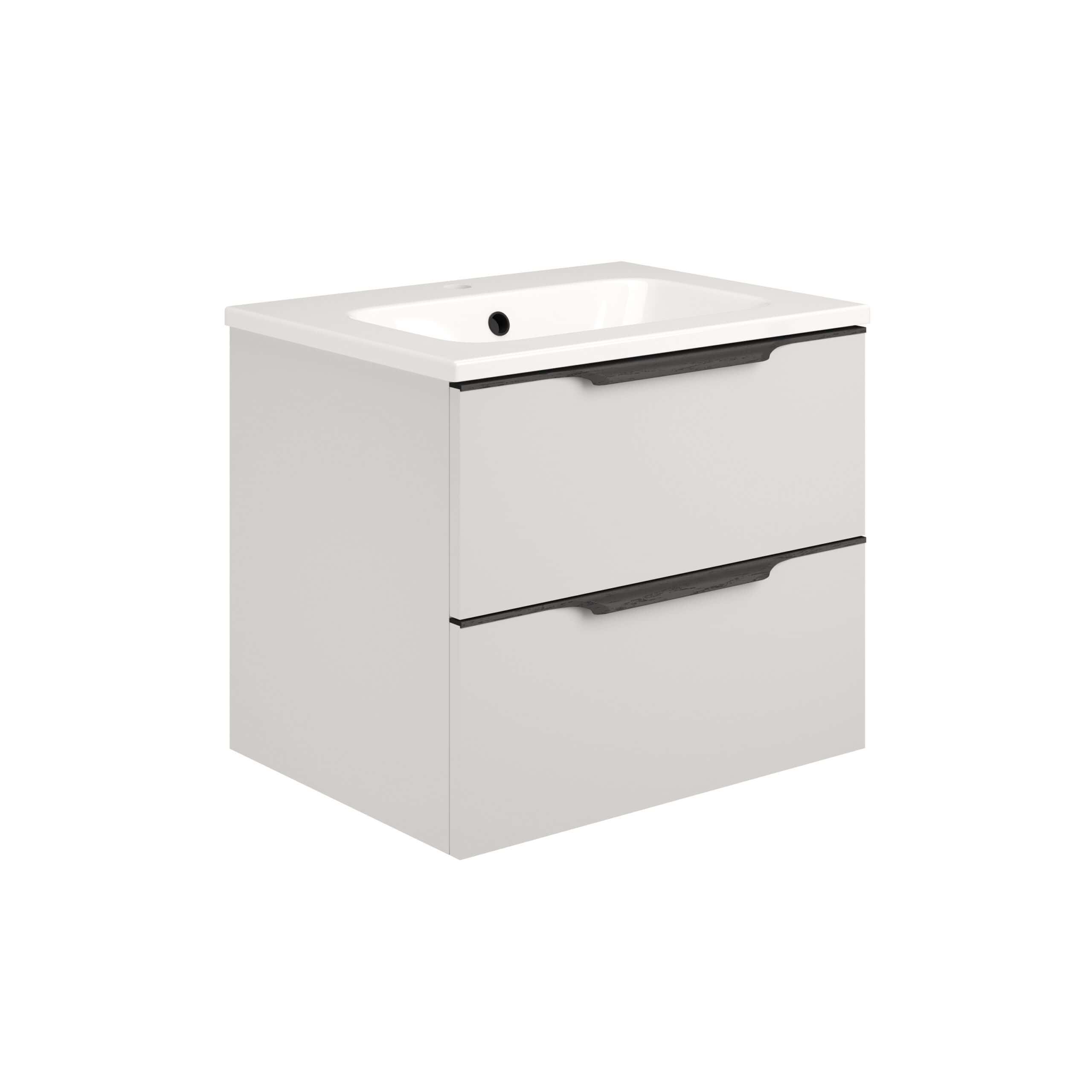 Modern white bathroom vanity unit with integrated sink, sleek black handles, and storage drawers, perfect for contemporary bathroom renovations.