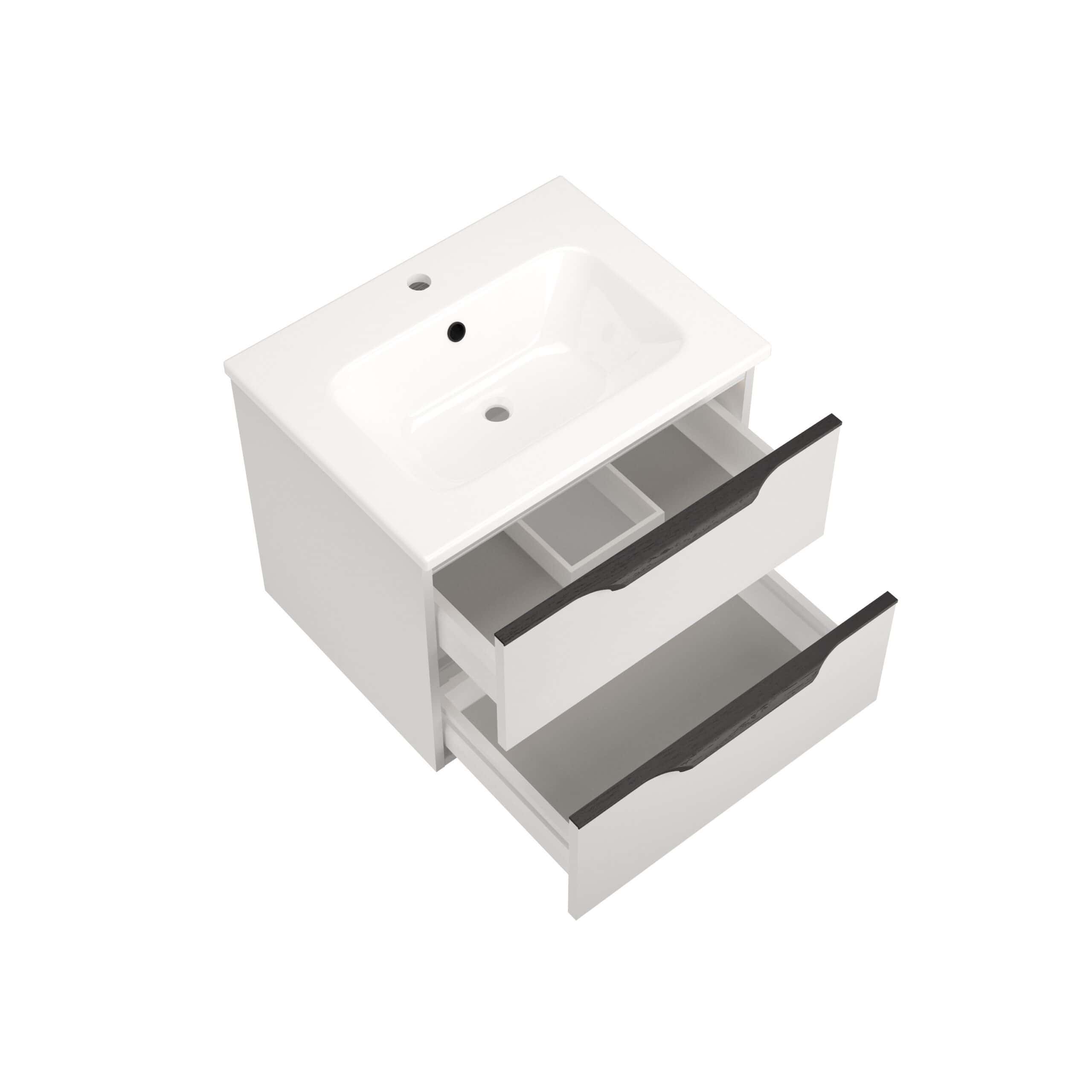 Sleek white bathroom vanity with integrated sink, featuring two spacious drawers with black handles, perfect for contemporary bathroom storage and designer appeal.