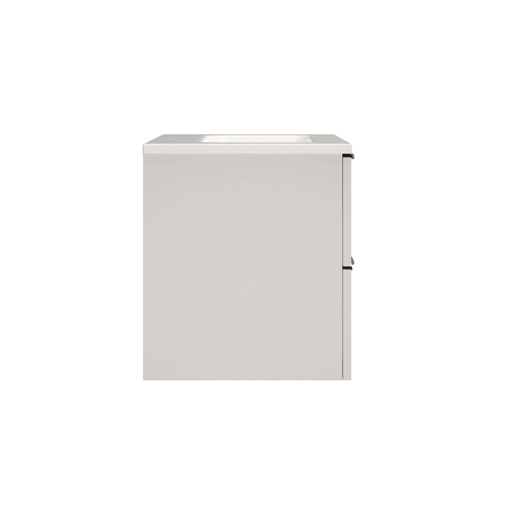 White bathroom vanity with integrated sink, compact design, ideal for modern bathroom interiors, featuring storage cabinet, high-quality finish, and sleek minimalist style.