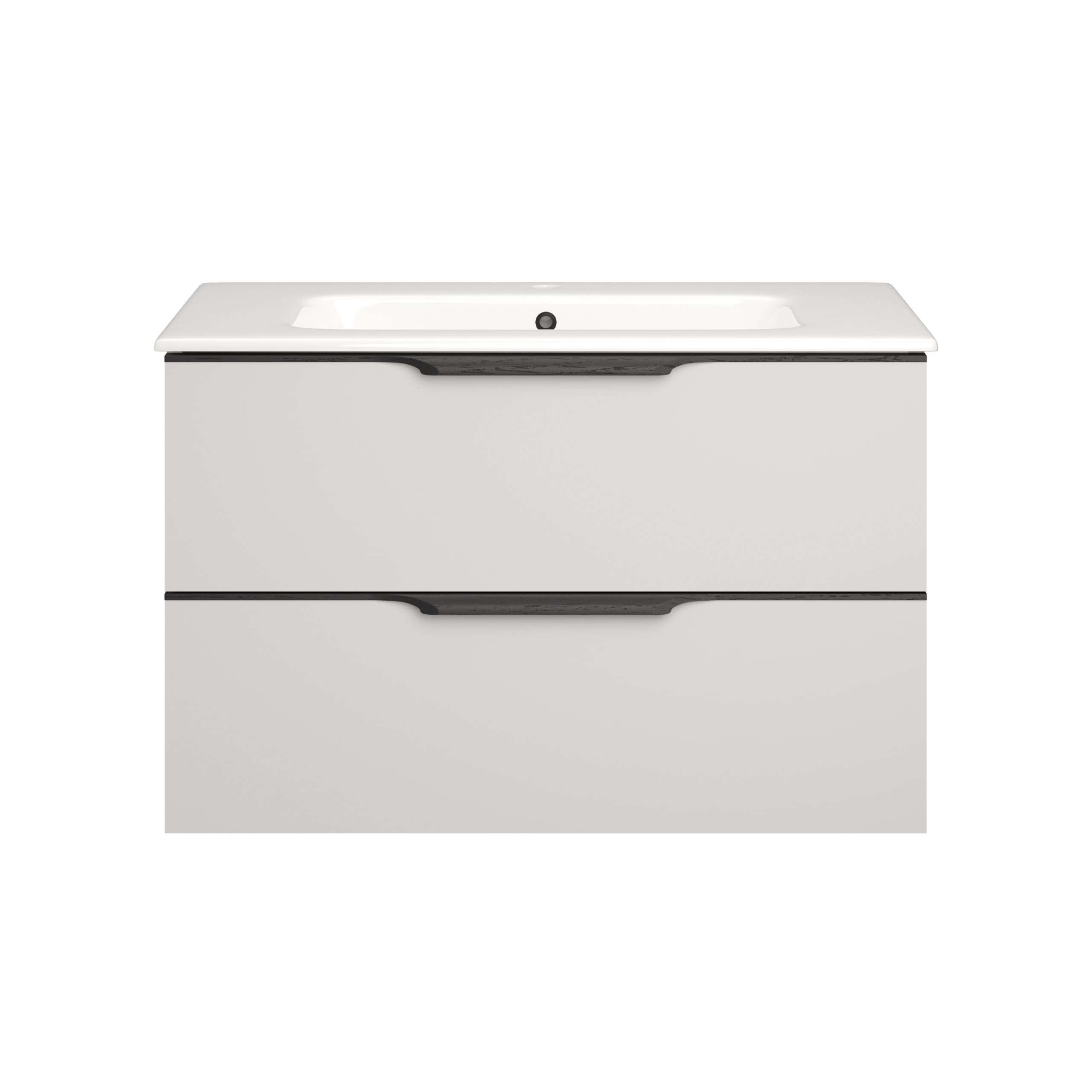 Sleek white bathroom vanity with integrated sink, modern black handles, and storage drawers, perfect for contemporary bathroom designs. Ideal for stylish and functional bathroom organisation.