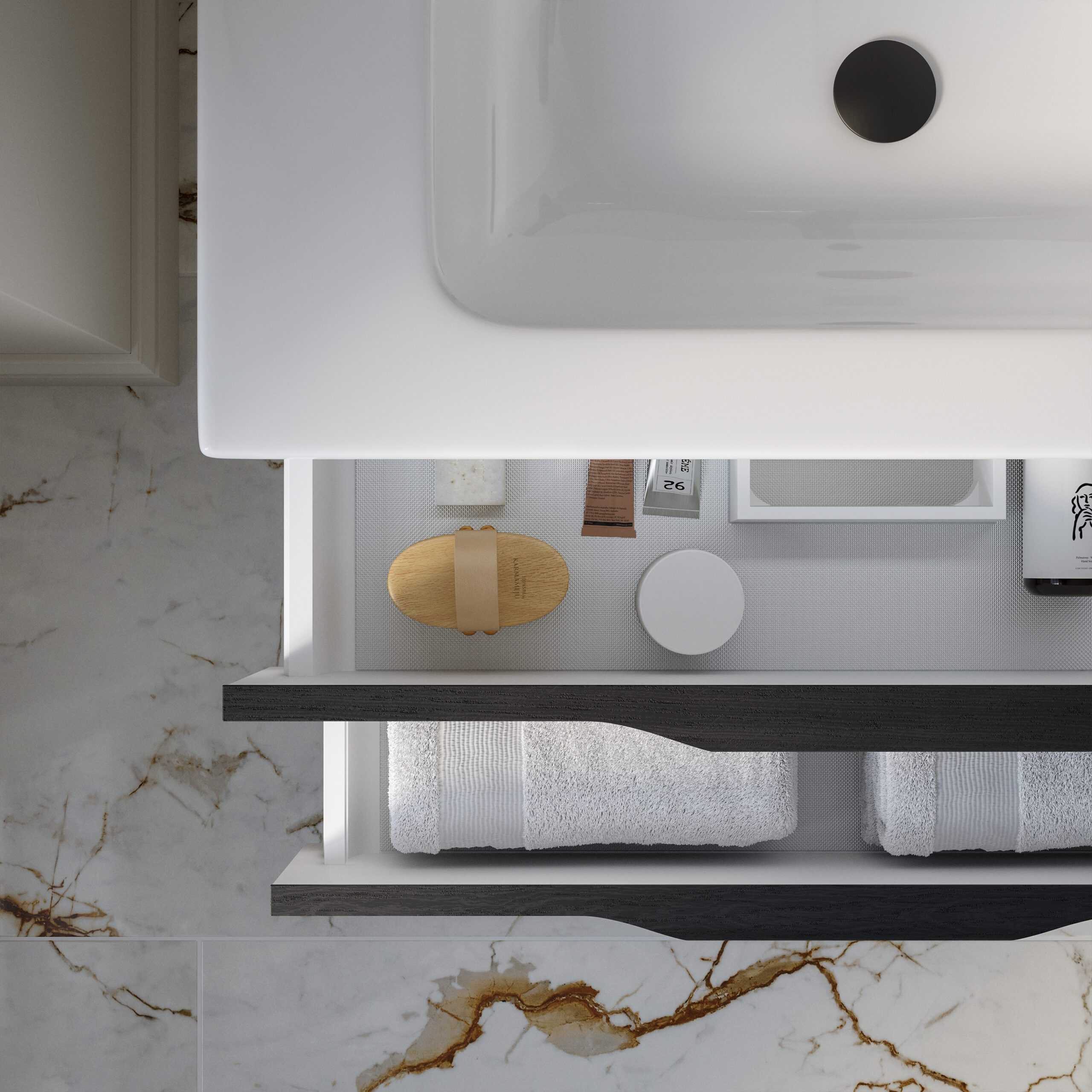 Minimalist bathroom vanity with neatly organised toiletries and towels, showcasing modern bathroom design and storage solutions.