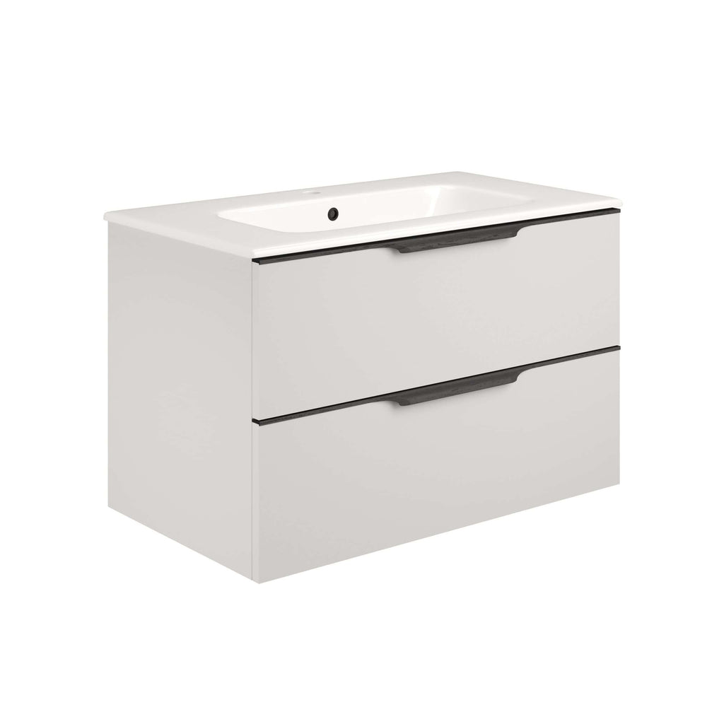 Modern white bathroom vanity with integrated sink and two spacious drawers, ideal for contemporary bathroom storage solutions.