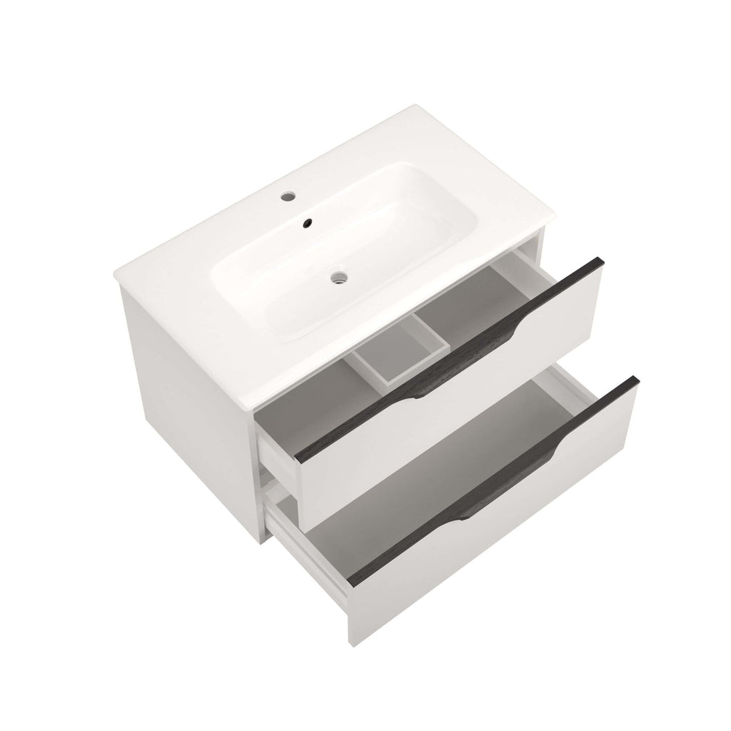Sleek white bathroom vanity with integrated sink and two spacious drawers, perfect for modern bathroom storage and organisation.