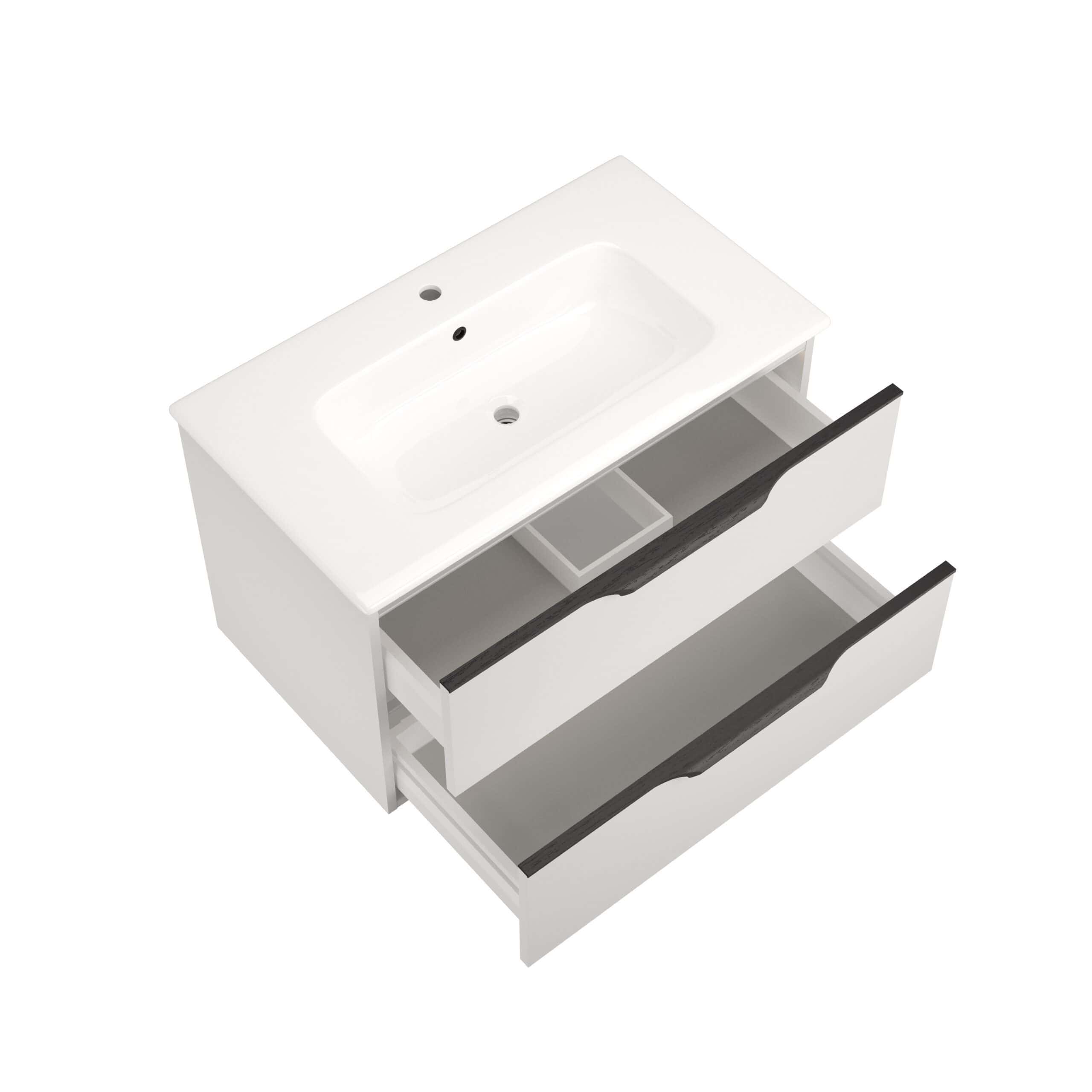 Sleek white bathroom vanity with integrated sink and two spacious drawers, perfect for modern bathroom storage and organisation.