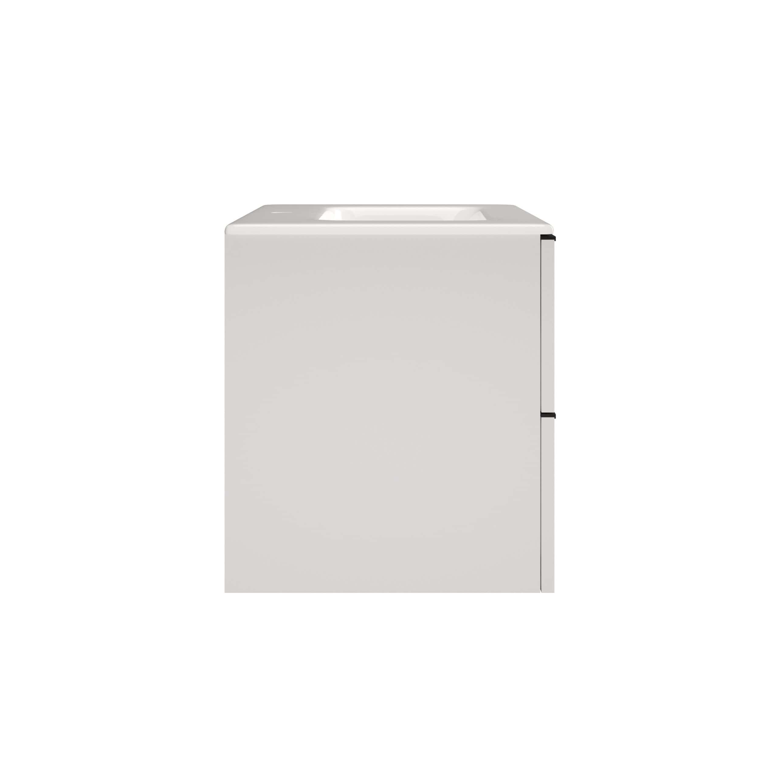 Efficient white bathroom vanity unit with integrated sink, ideal for modern bathrooms, offering sleek storage and contemporary design. Perfect for organised bathroom spaces.