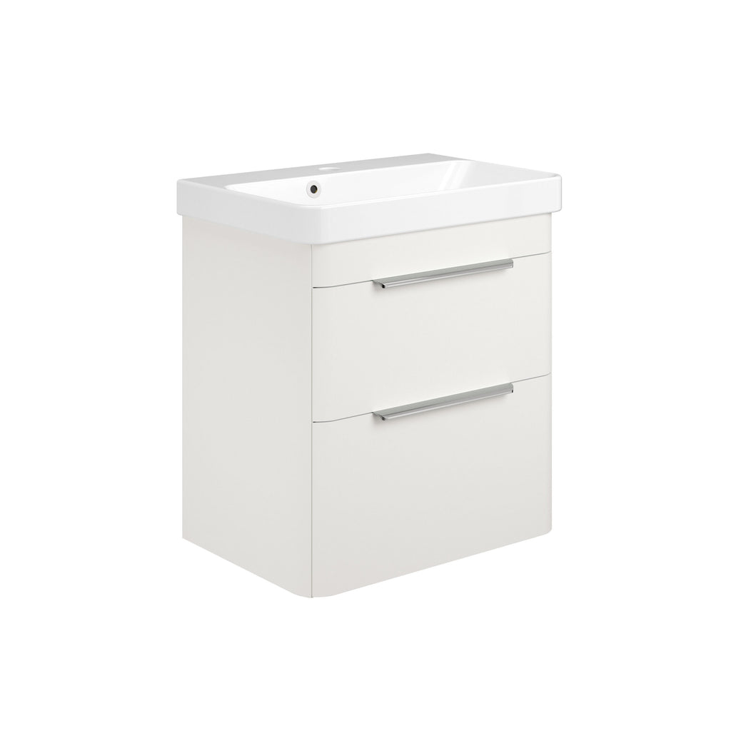Contemporary white bathroom vanity with integrated sink, modern storage drawers and sleek silver handles, ideal for stylish bathroom renovation or upgrade.