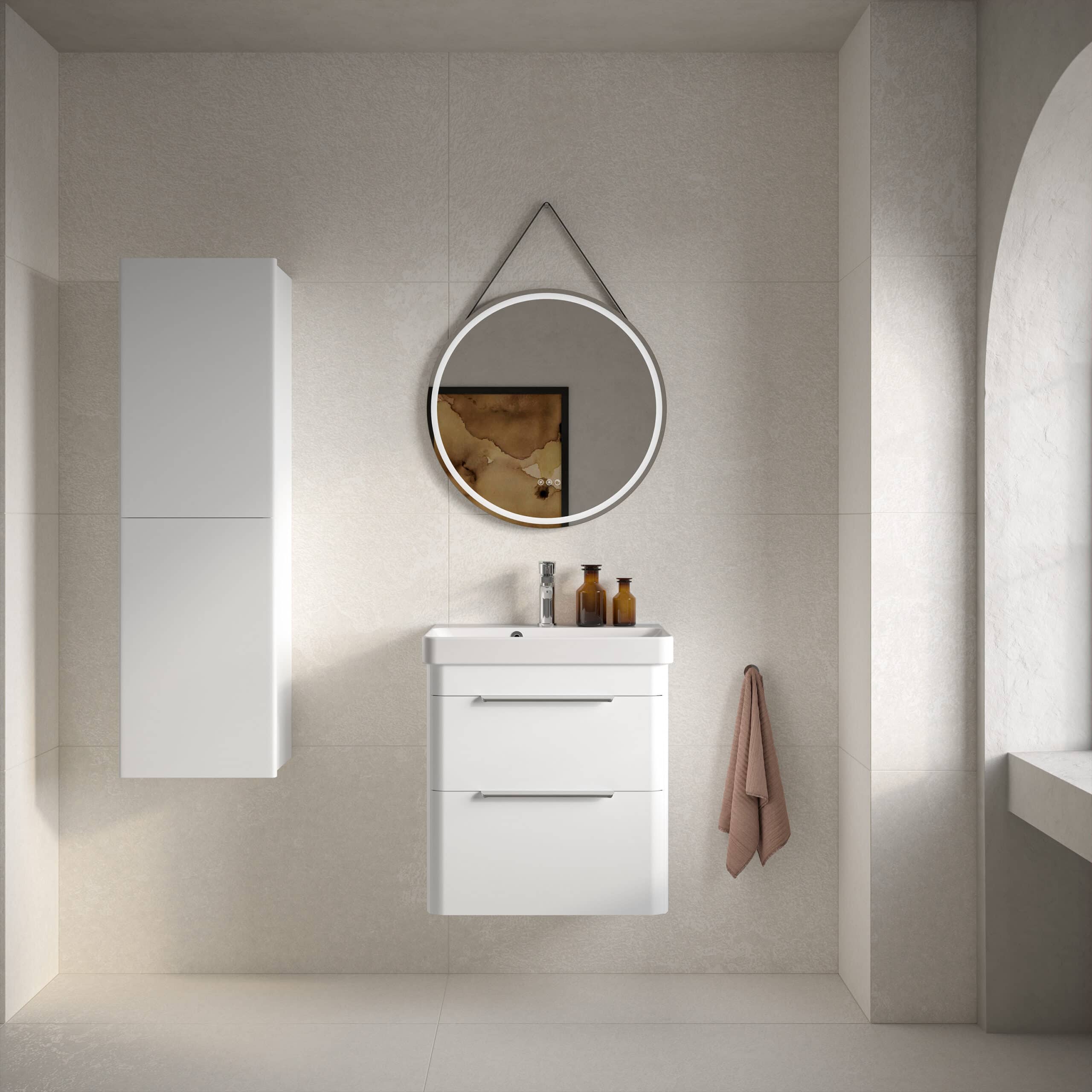 Sleek modern white bathroom vanity with integrated sink and round mirror, minimalist bathroom decor with neutral tones, perfect for contemporary bathroom design.