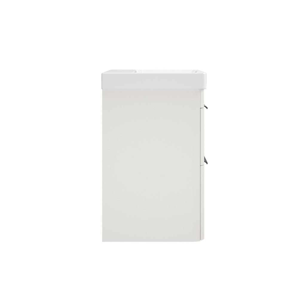 Modern white bathroom sink unit with storage cabinet, ideal for contemporary bathroom design. Features a sleek, minimalistic style perfect for organising bathroom essentials.