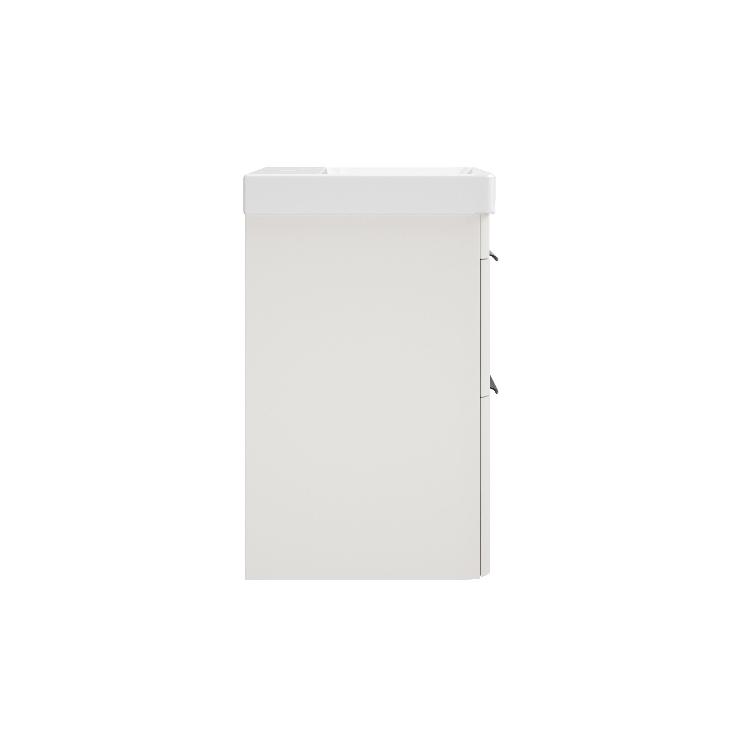 Modern white bathroom sink unit with storage cabinet, ideal for contemporary bathroom design. Features a sleek, minimalistic style perfect for organising bathroom essentials.