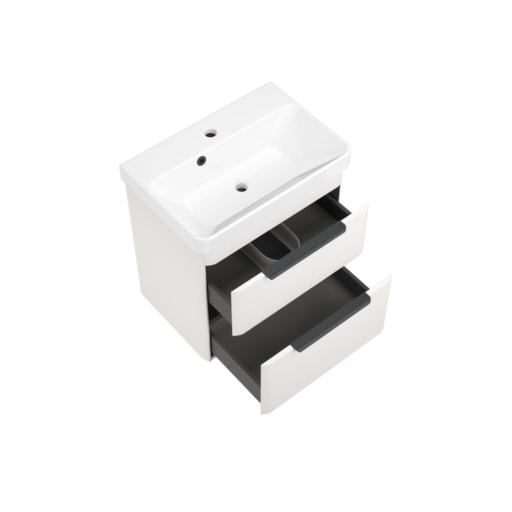 Sleek modern bathroom vanity with integrated basin, two spacious drawers with black handles, perfect for stylish storage and organisation in contemporary bathroom designs.