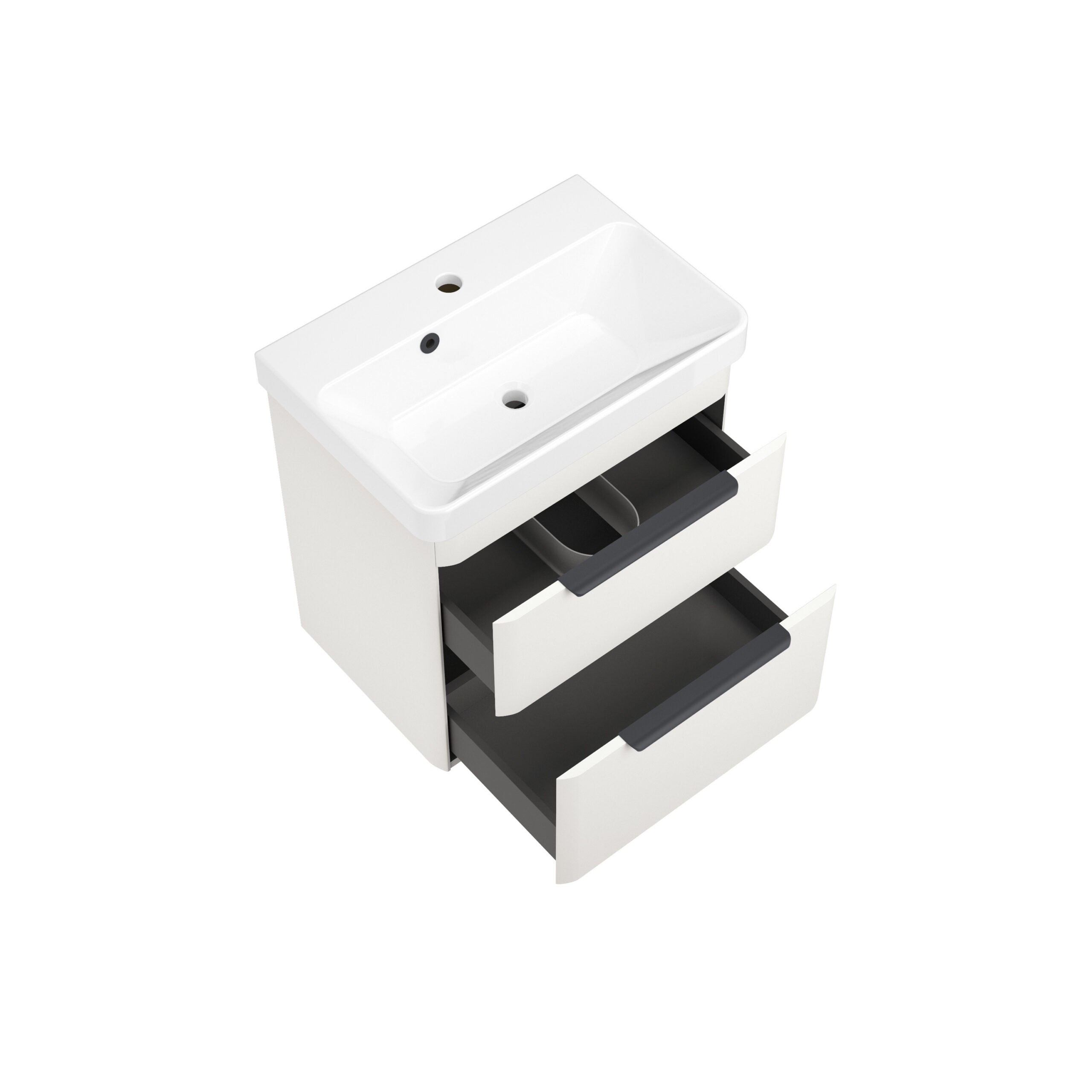 Sleek modern bathroom vanity with integrated basin, two spacious drawers with black handles, perfect for stylish storage and organisation in contemporary bathroom designs.