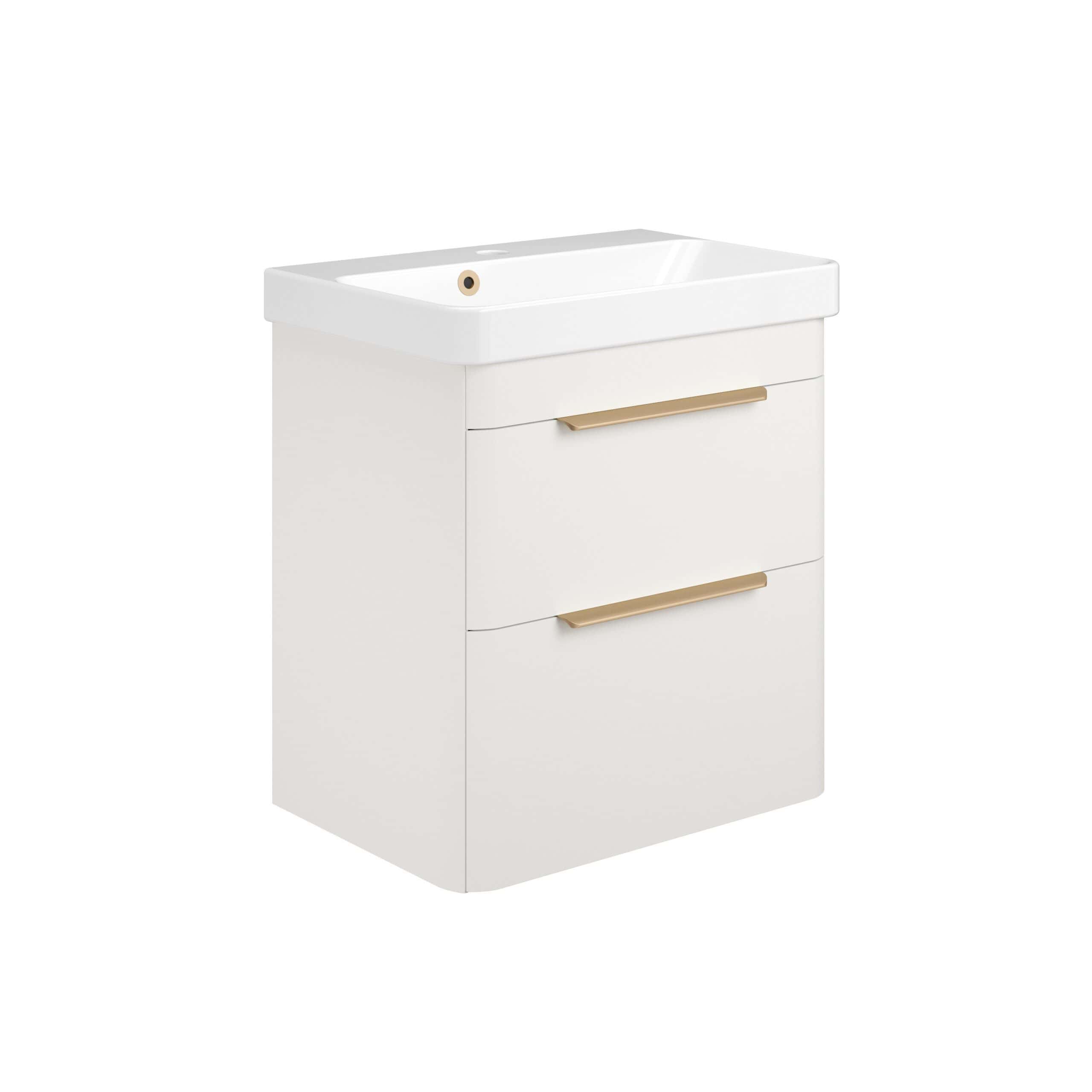 Sleek white bathroom vanity with integrated sink and gold handles, perfect for modern bathroom renovations and optimising bathroom storage.