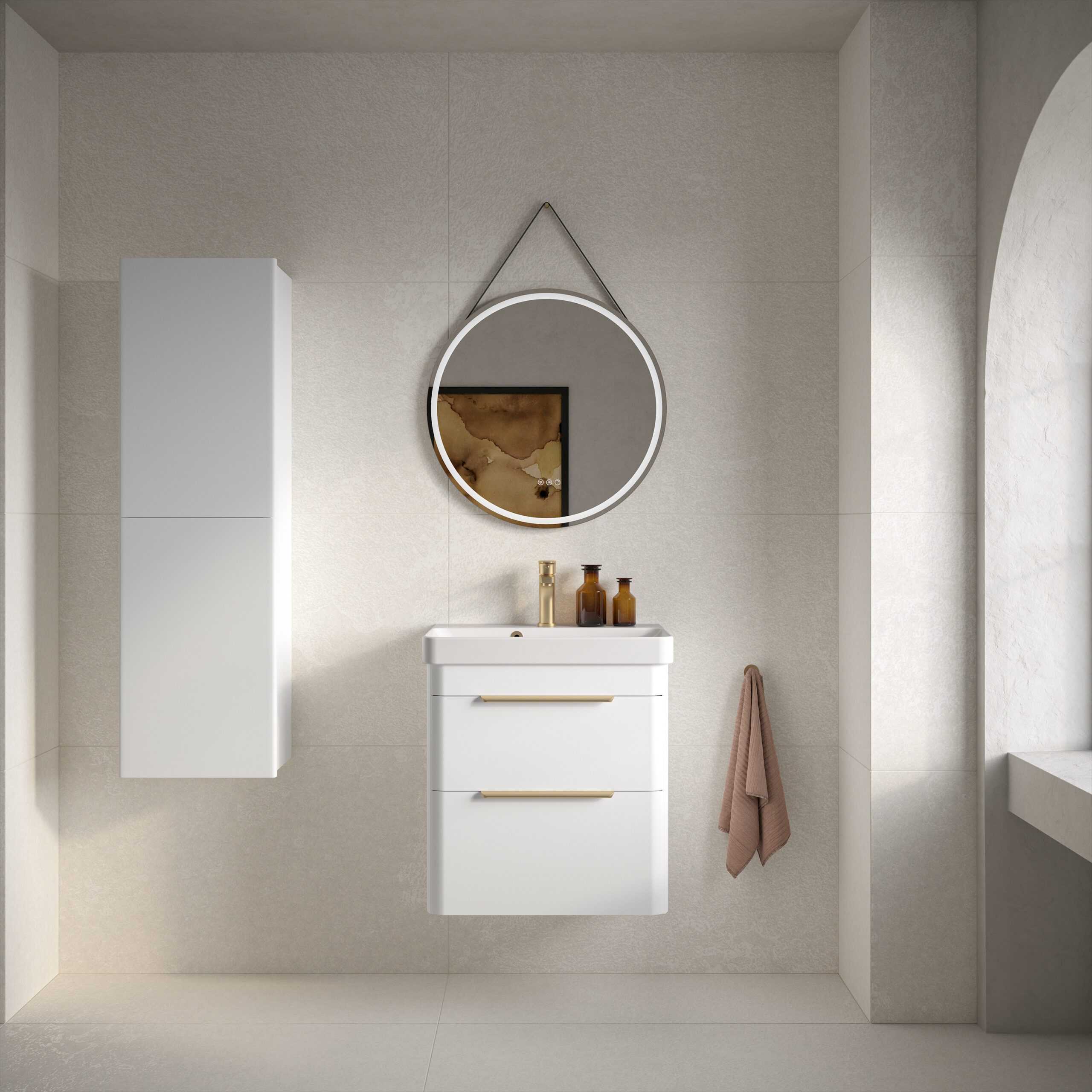 Sleek modern bathroom vanity with mirror, wall-mounted storage cabinet, and soft beige tiled walls in a contemporary Bubly Bathrooms design. Perfect for stylish bathroom decor.