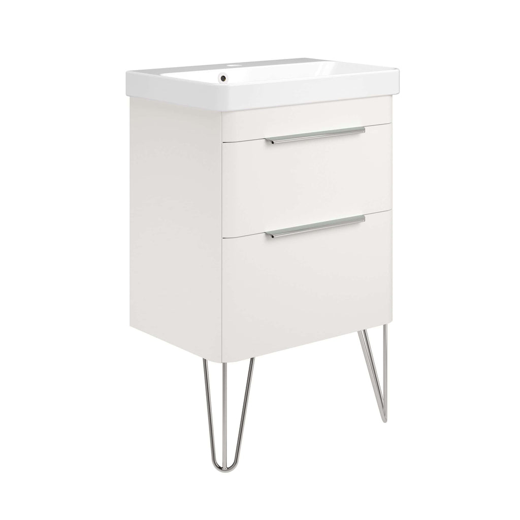 Sleek white bathroom vanity with integrated sink, modern chrome handles, and stylish vintage-style hairpin legs, ideal for contemporary bathroom decor and space-saving storage.