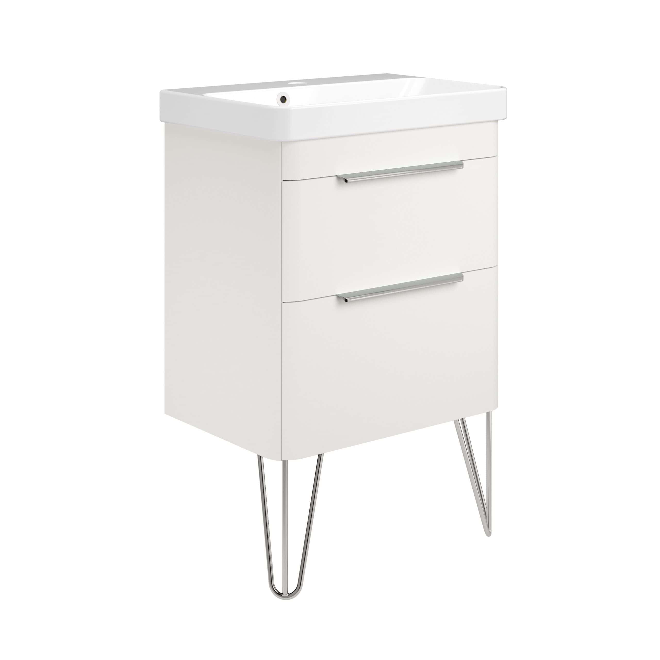 Sleek white bathroom vanity with integrated sink, modern chrome handles, and stylish vintage-style hairpin legs, ideal for contemporary bathroom decor and space-saving storage.