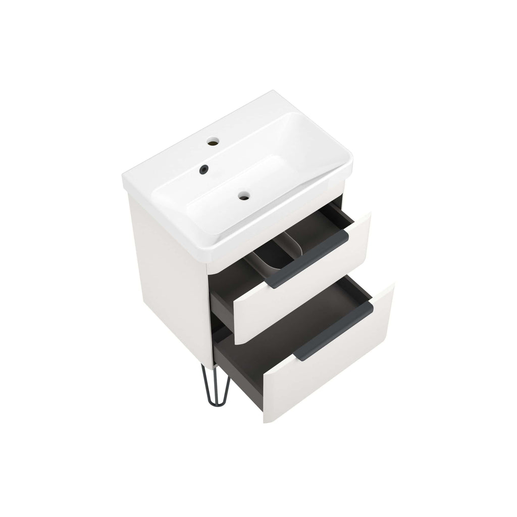 Sleek white bathroom vanity with integrated sink and spacious black drawers, ideal for modern bathroom storage solutions. Stylish, functional design perfect for contemporary spaces.