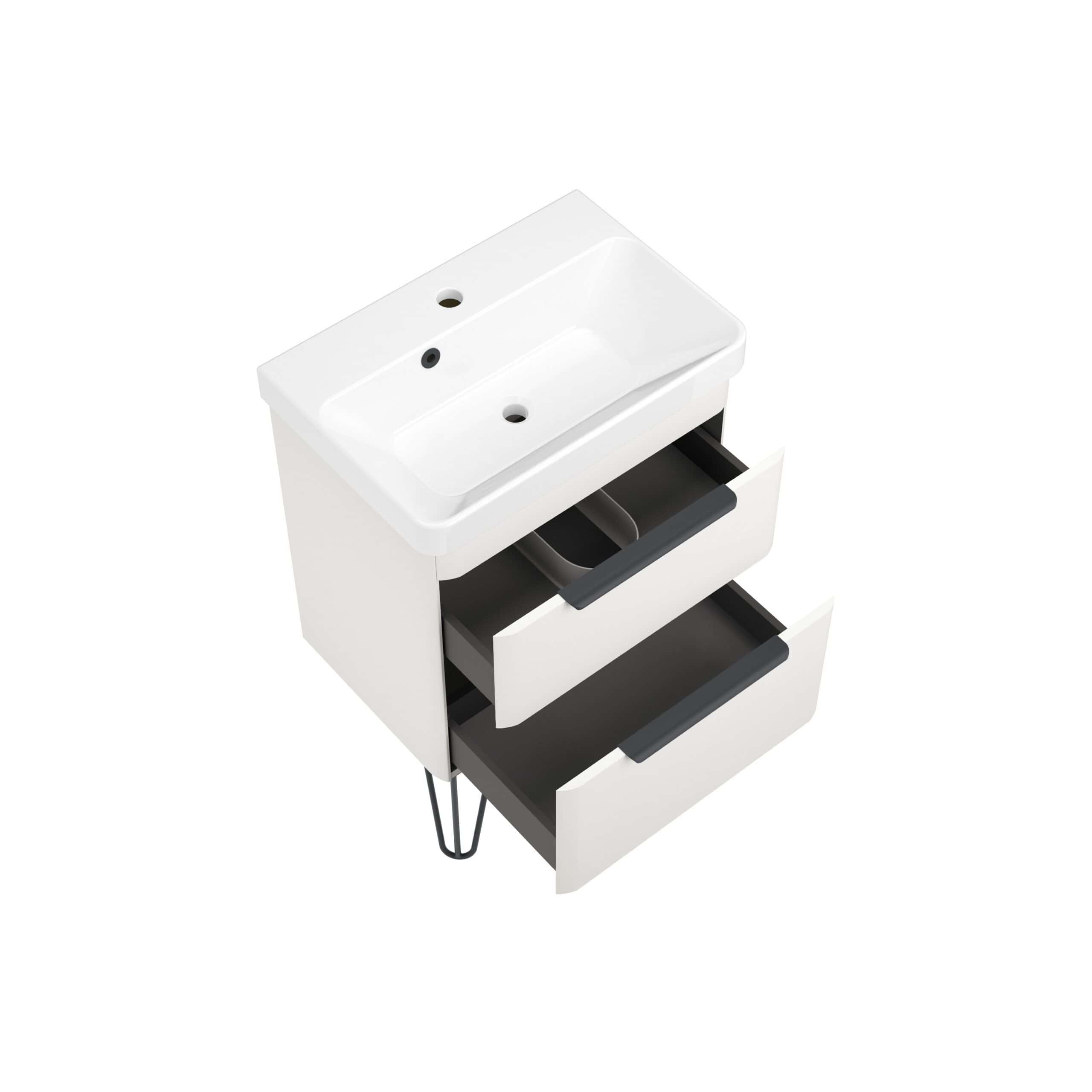 Sleek white bathroom vanity with integrated sink and spacious black drawers, ideal for modern bathroom storage solutions. Stylish, functional design perfect for contemporary spaces.