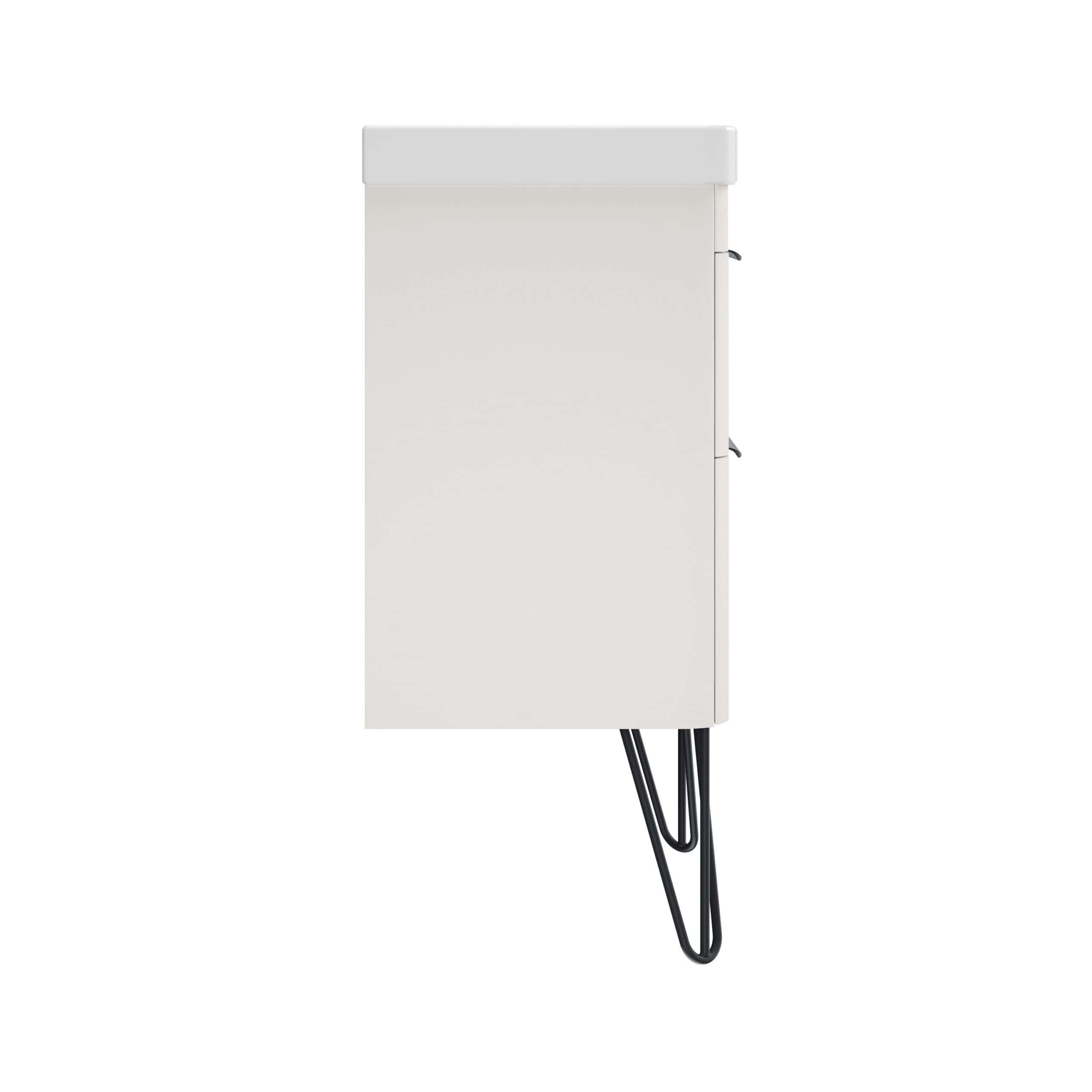 Modern white bathroom cabinet with black hairpin legs, perfect for minimalist and contemporary bathroom interiors, providing sleek storage solutions.