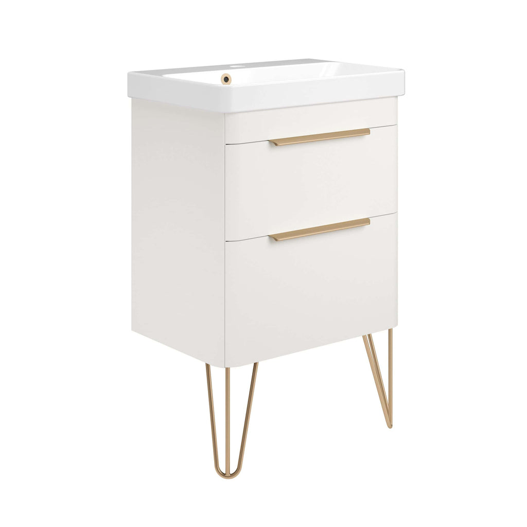 Sleek white bathroom cabinet with two drawers and gold handles, suitable for modern bathroom storage and organisation. Features stylish metal legs for stability and contemporary design.