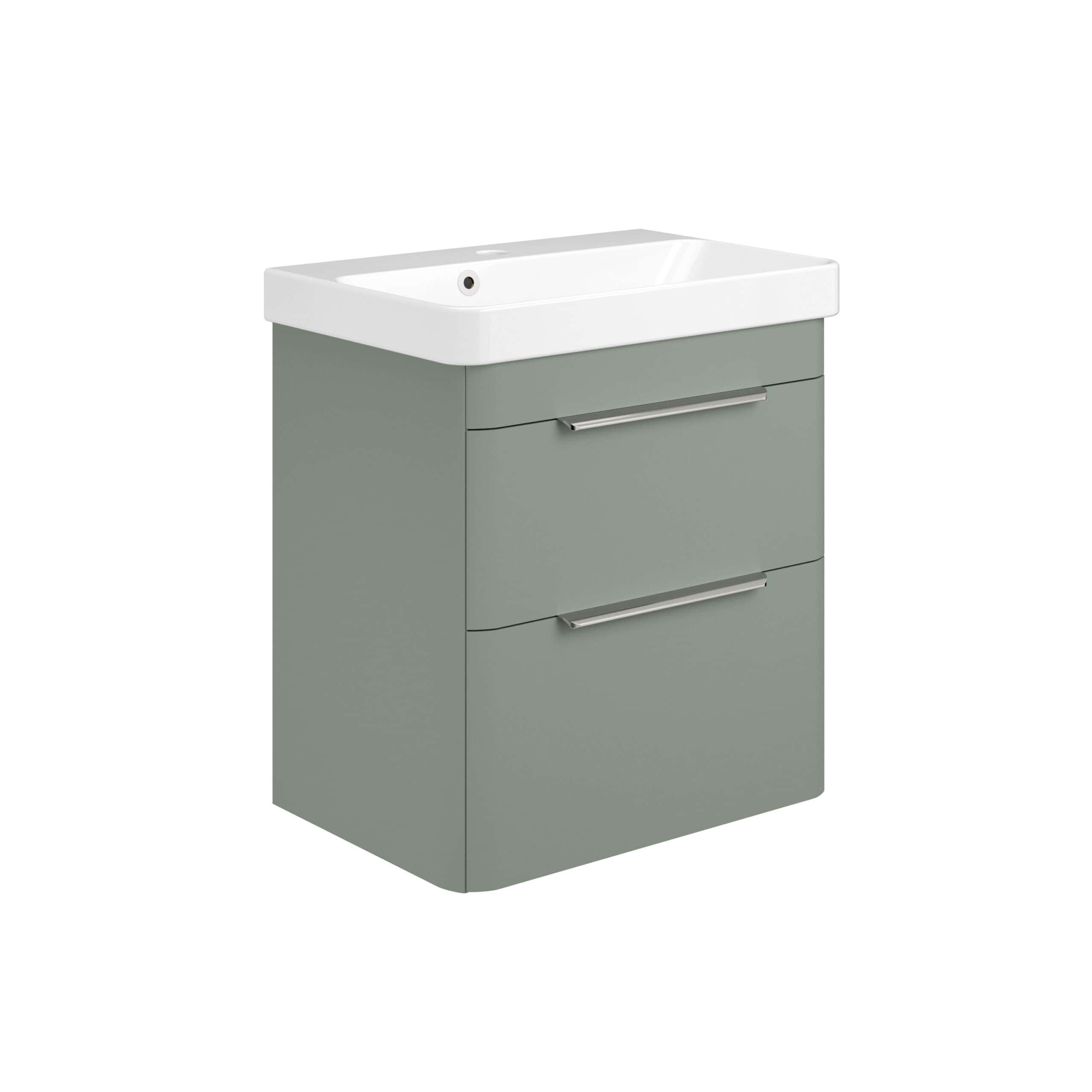 Modern grey bathroom vanity unit with integrated white ceramic sink, sleek handle design, ideal for contemporary bathroom renovations and optimised for space and style.
