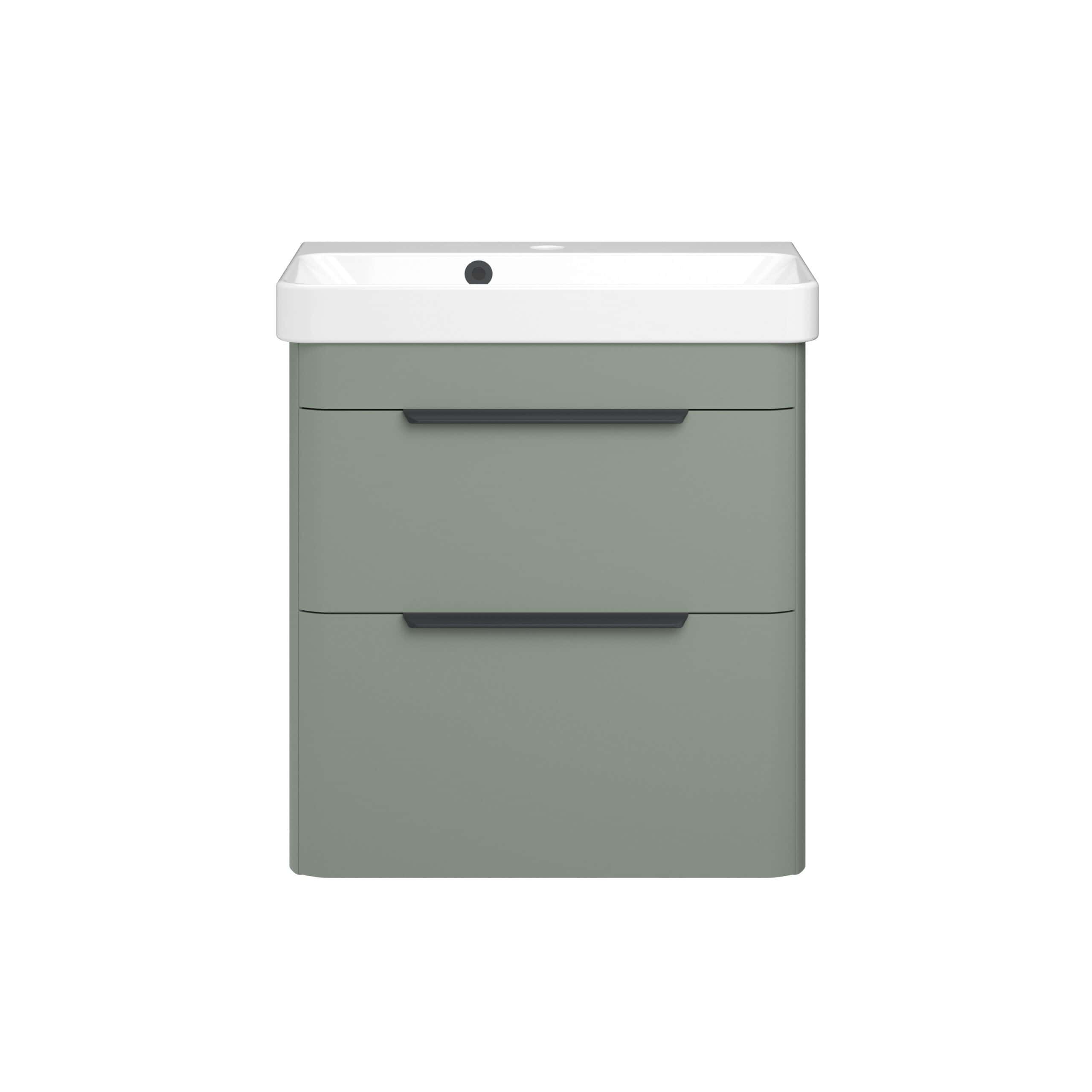 Minimalist bathroom vanity unit with integrated sink, grey finish, matte black handles, modern design, perfect for contemporary bathroom interiors. Suitable for storage and style.