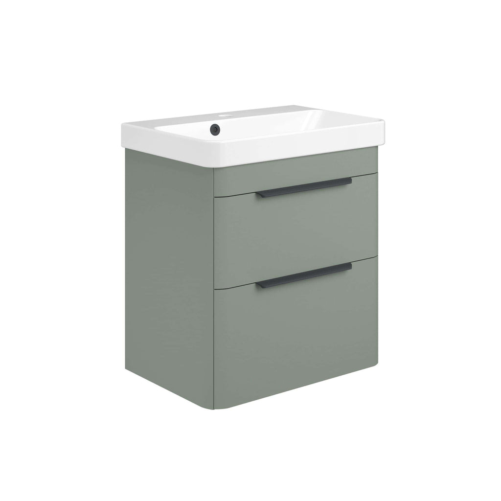 Modern grey bathroom vanity with integrated sink, sleek black handles, and ample storage drawers, ideal for contemporary bathroom designs.