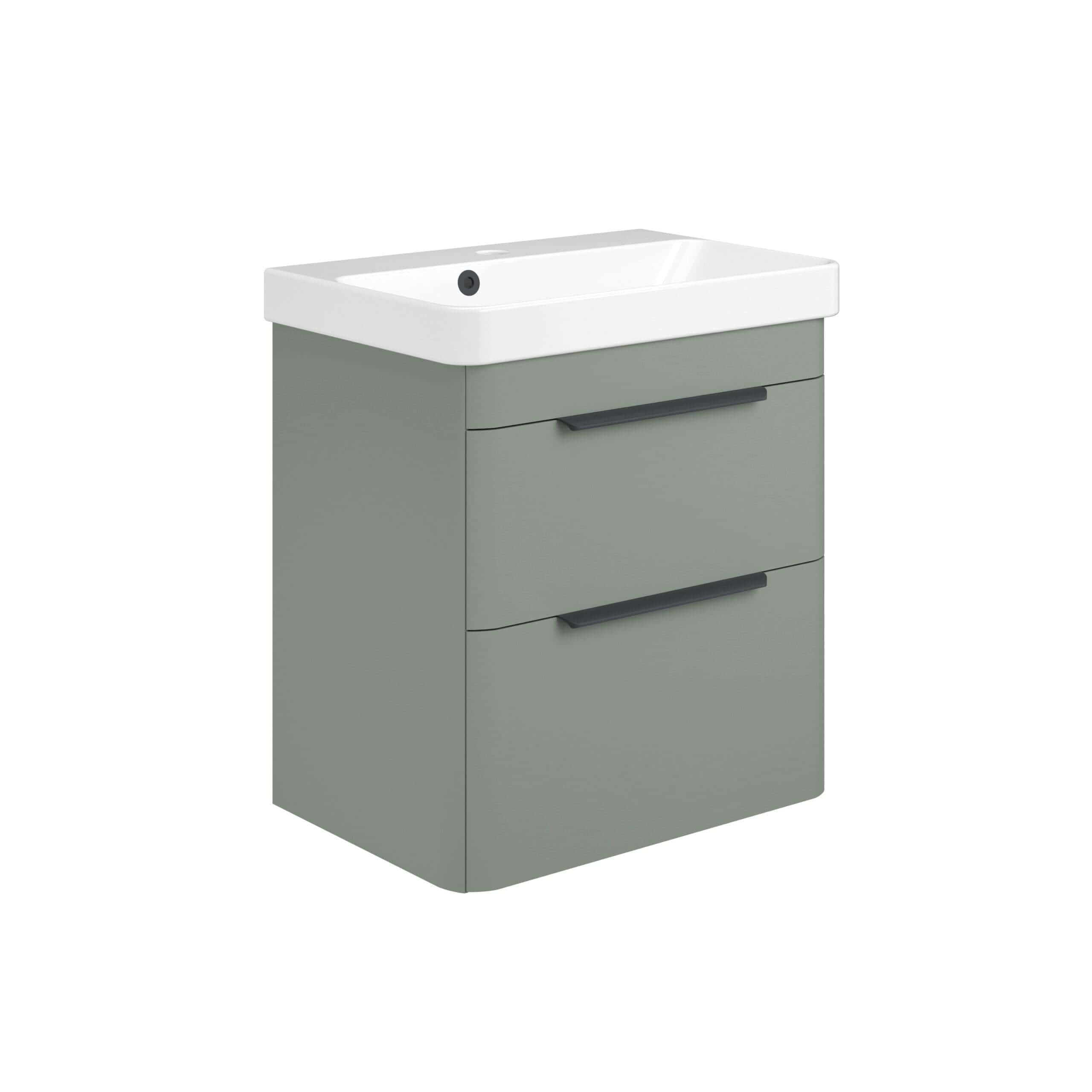 Modern grey bathroom vanity with integrated sink, sleek black handles, and ample storage drawers, ideal for contemporary bathroom designs.