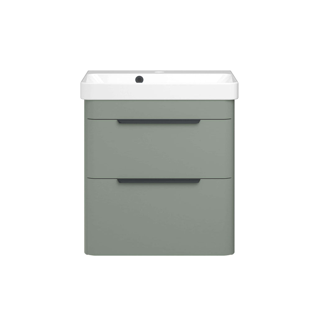 Modern grey bathroom sink vanity with storage drawers and sleek black handles, perfect for contemporary bathroom decor. High-quality finish for durability and style.