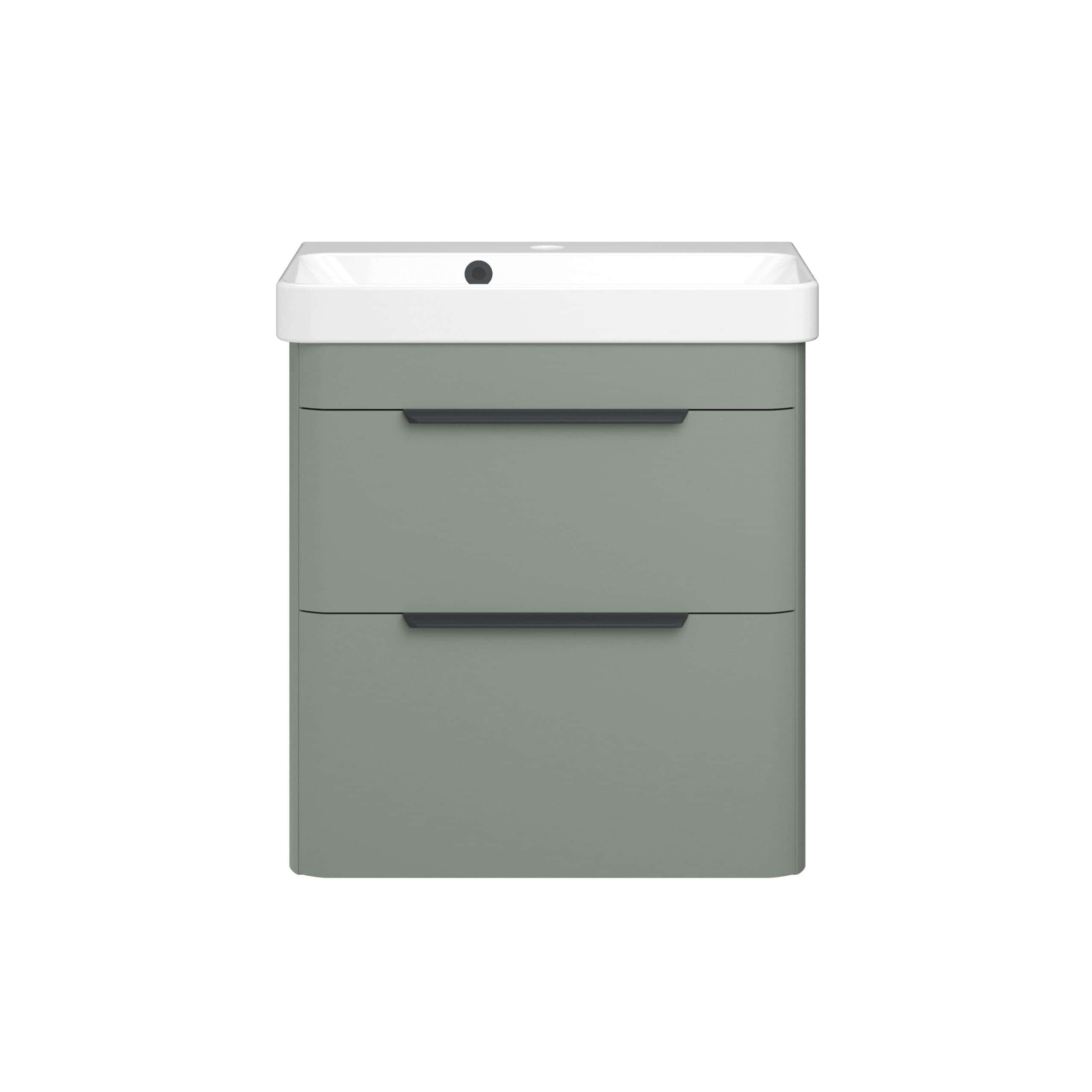 Modern grey bathroom sink vanity with storage drawers and sleek black handles, perfect for contemporary bathroom decor. High-quality finish for durability and style.