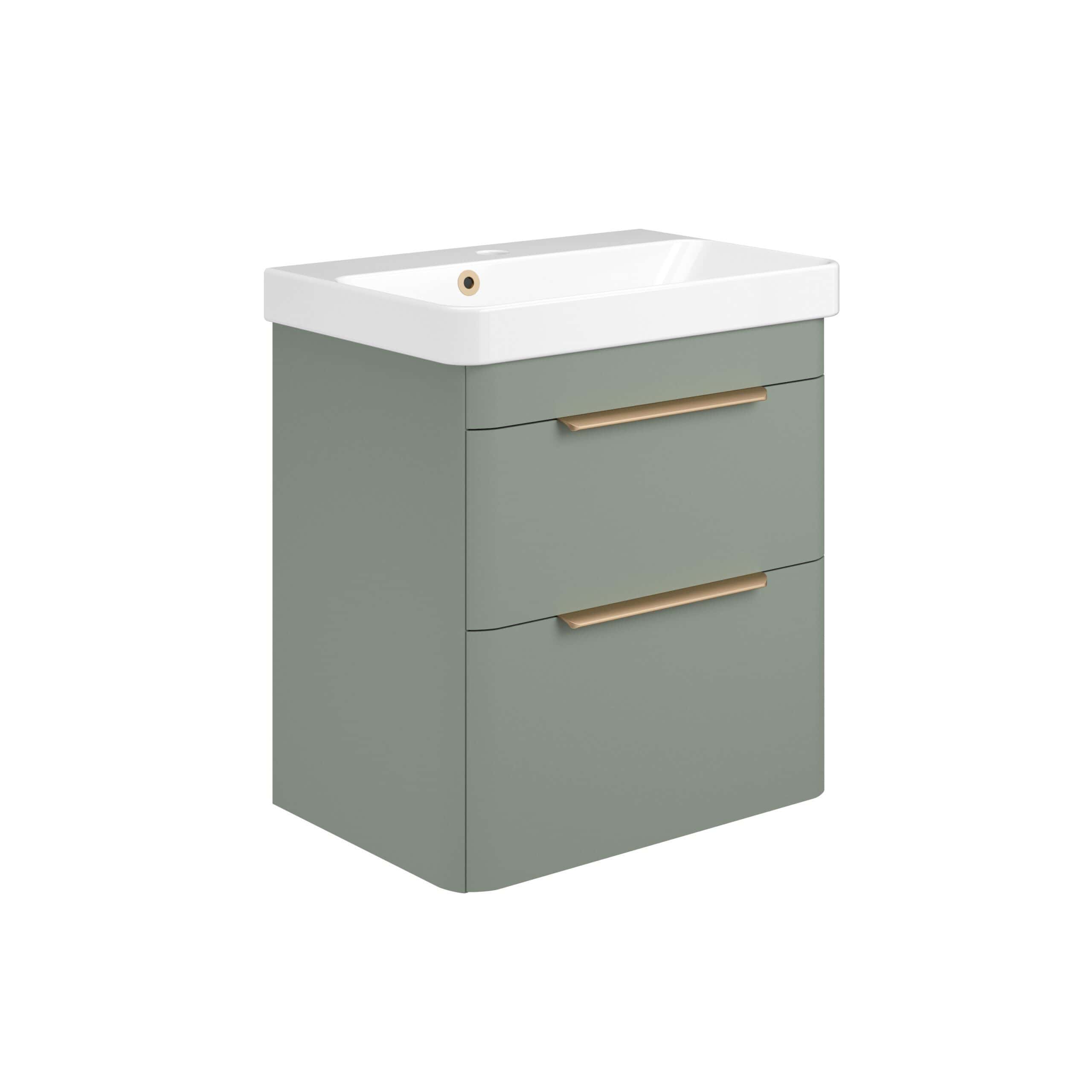 Modern grey bathroom vanity with white ceramic sink and brushed gold handles, ideal for contemporary bathroom renovation and storage solutions.