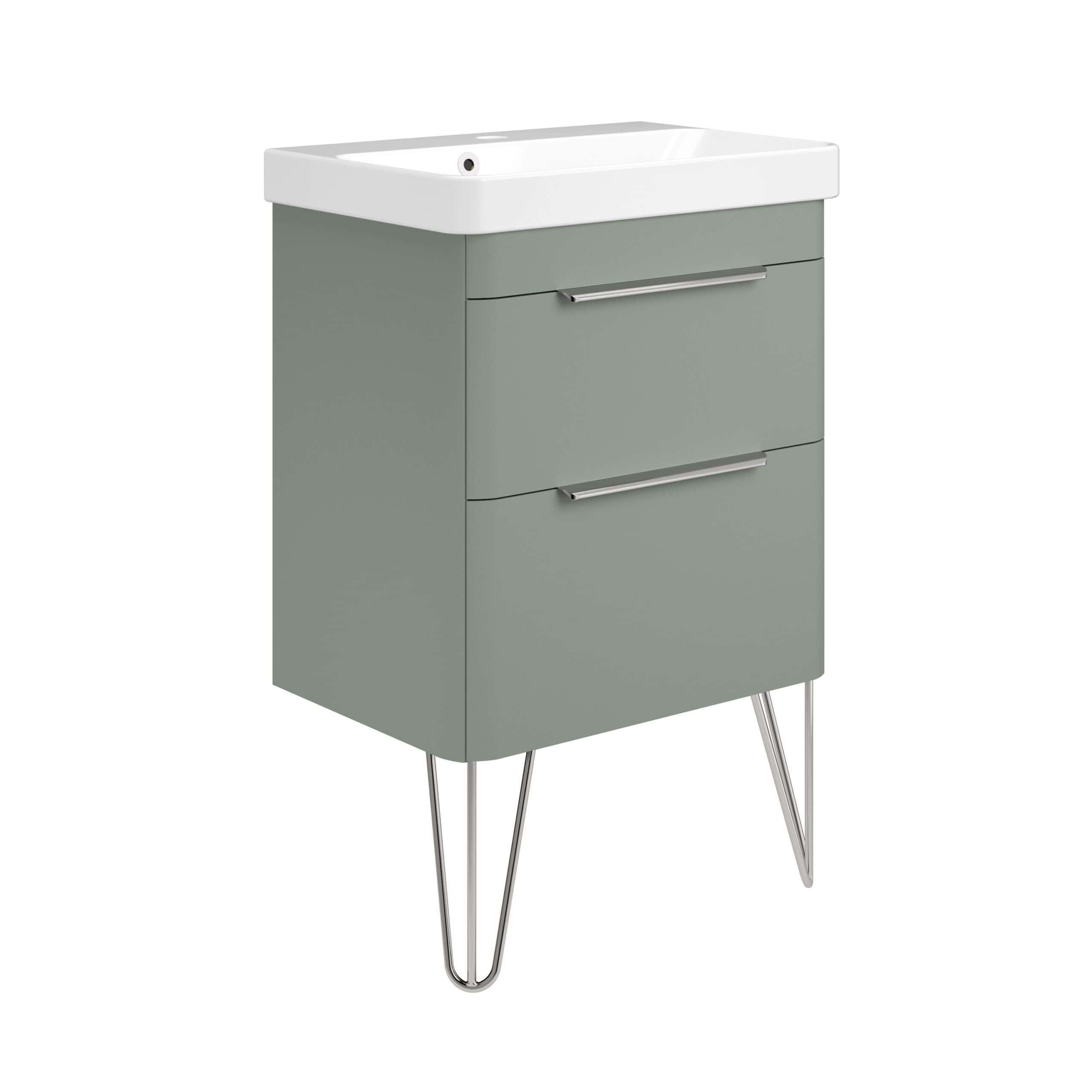 Modern bathroom vanity unit with a white ceramic sink, in soft grey finish, featuring sleek metal handles and stylish hairpin legs, perfect for contemporary bathroom decor.