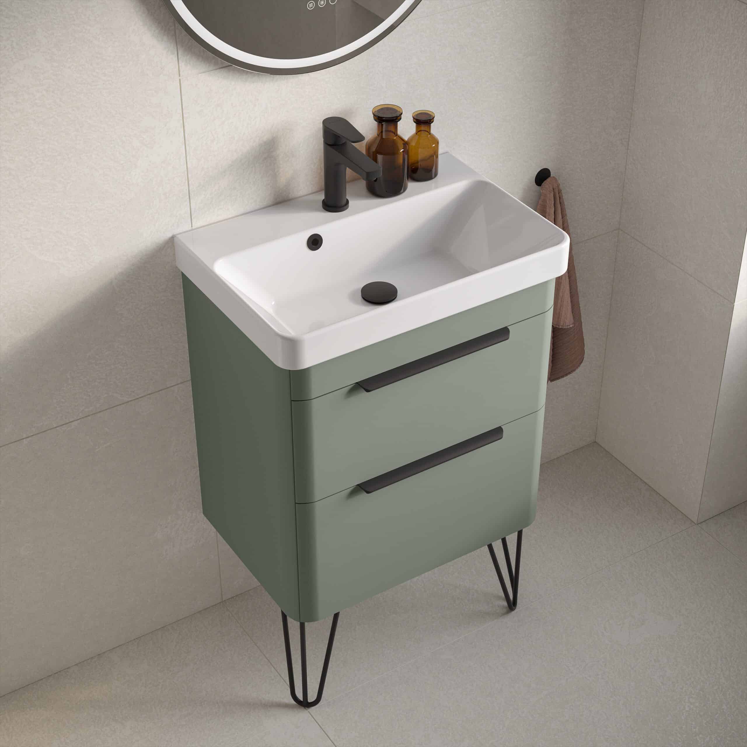 Stylish modern bathroom vanity with sink, black faucet, and storage drawers, featuring a compact design and contemporary aesthetic for a sleek bathroom look.